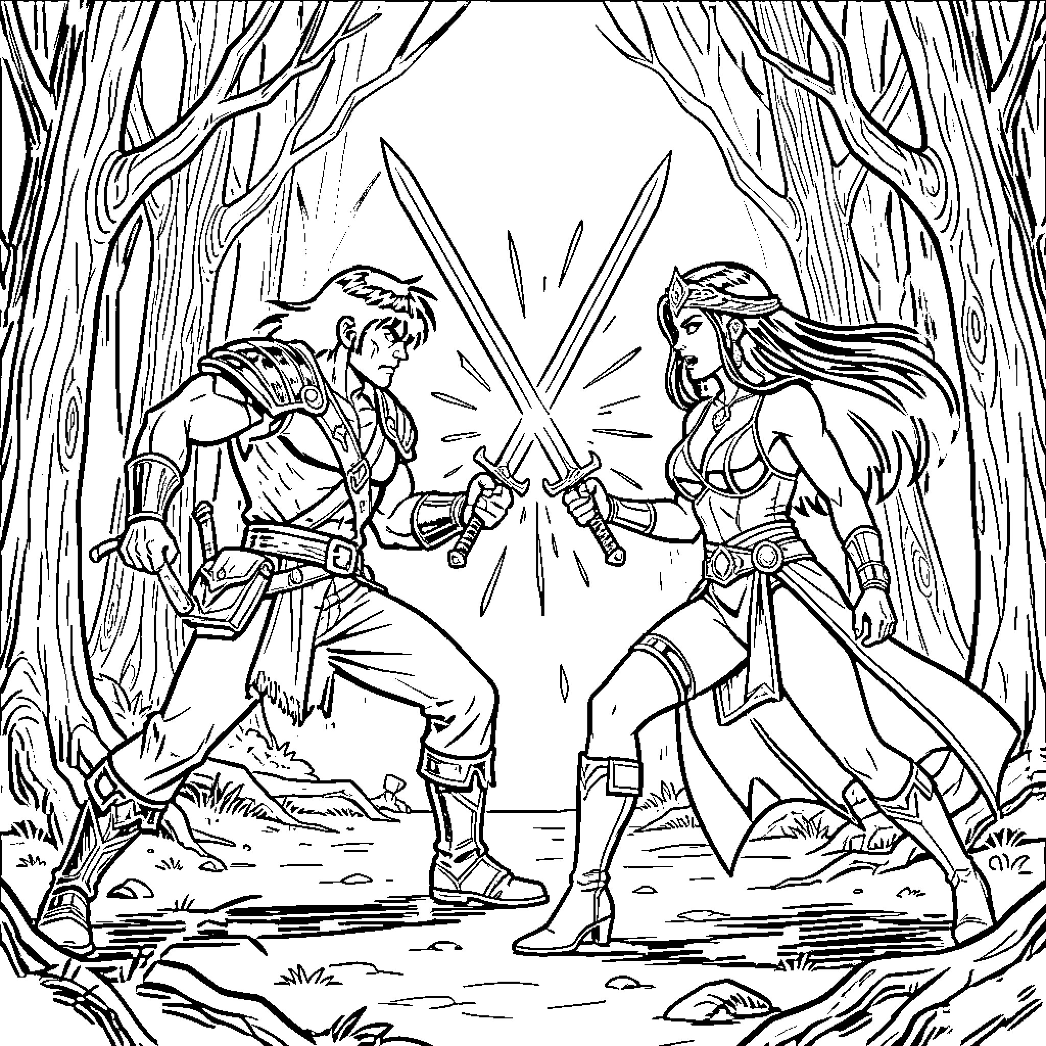 Conan and a Warrior Queen Clash in a Mystical Forest Coloring Page (free black-and-white line drawing printable PDF for all, from beginners to advanced learners, including children, teens, adults, and seniors)