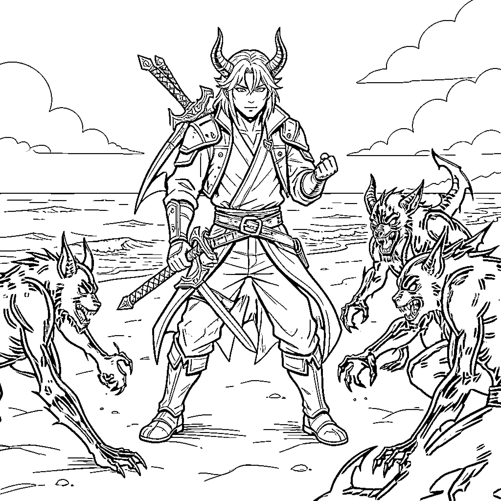 K-POP Demon Hunter facing monsters on a beach Coloring Page (free black-and-white line drawing printable PDF for all, from beginners to advanced learners, including children, teens, adults, and seniors)