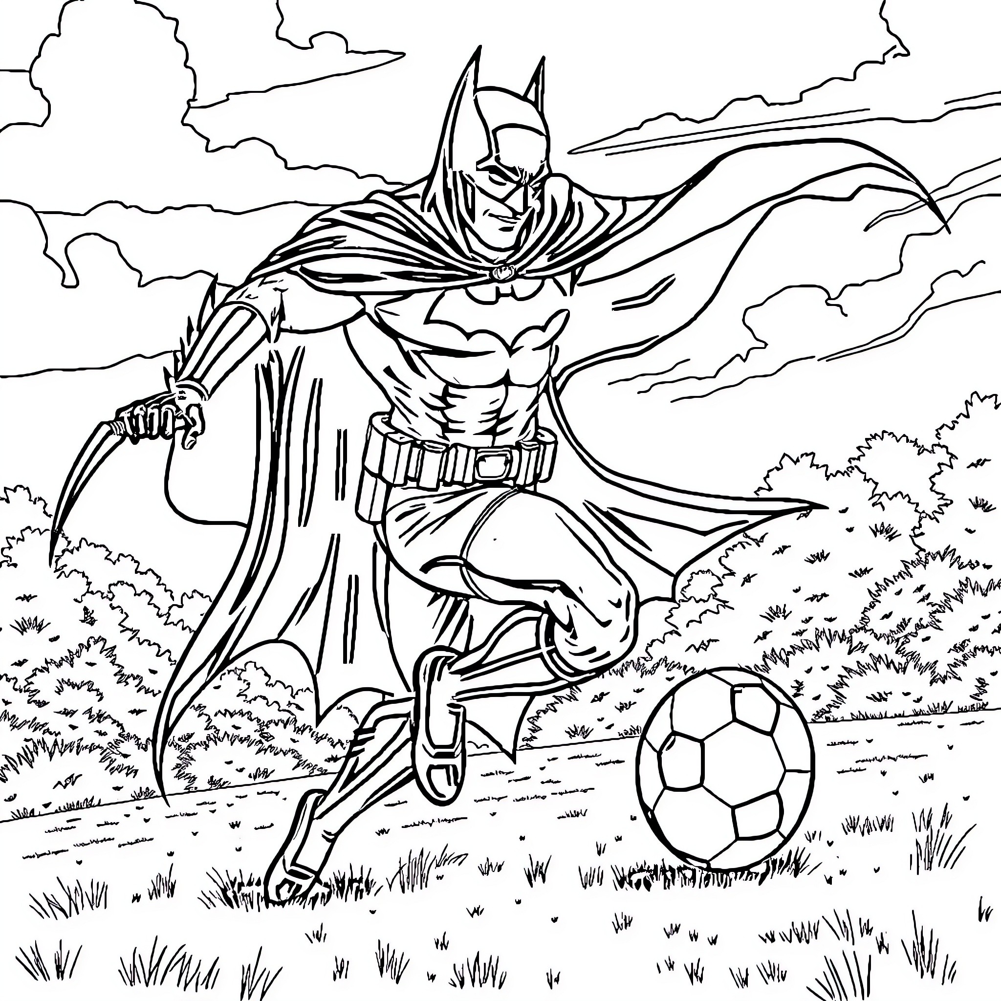 Batman Playing Football in the Wilderness Coloring Page (free black-and-white line drawing printable PDF for all, from beginners to advanced learners, including children, teens, adults, and seniors)