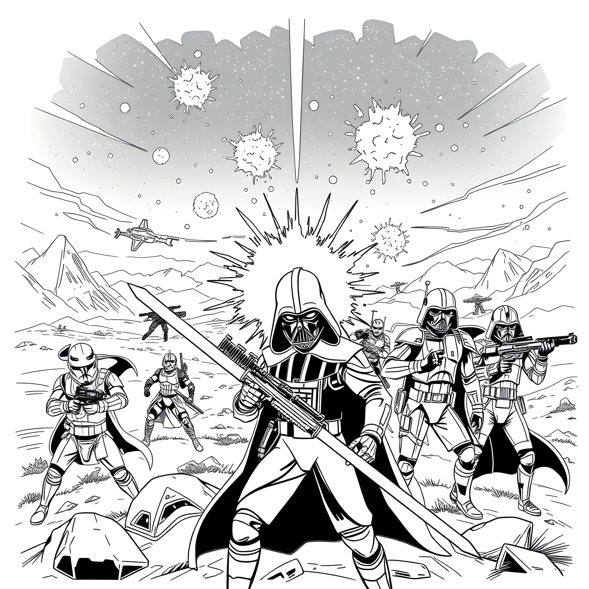 Star Wars: Epic Battle in Galactic Conflict Coloring Page (free black-and-white line drawing printable PDF for all, from beginners to advanced learners, including children, teens, adults, and seniors)
