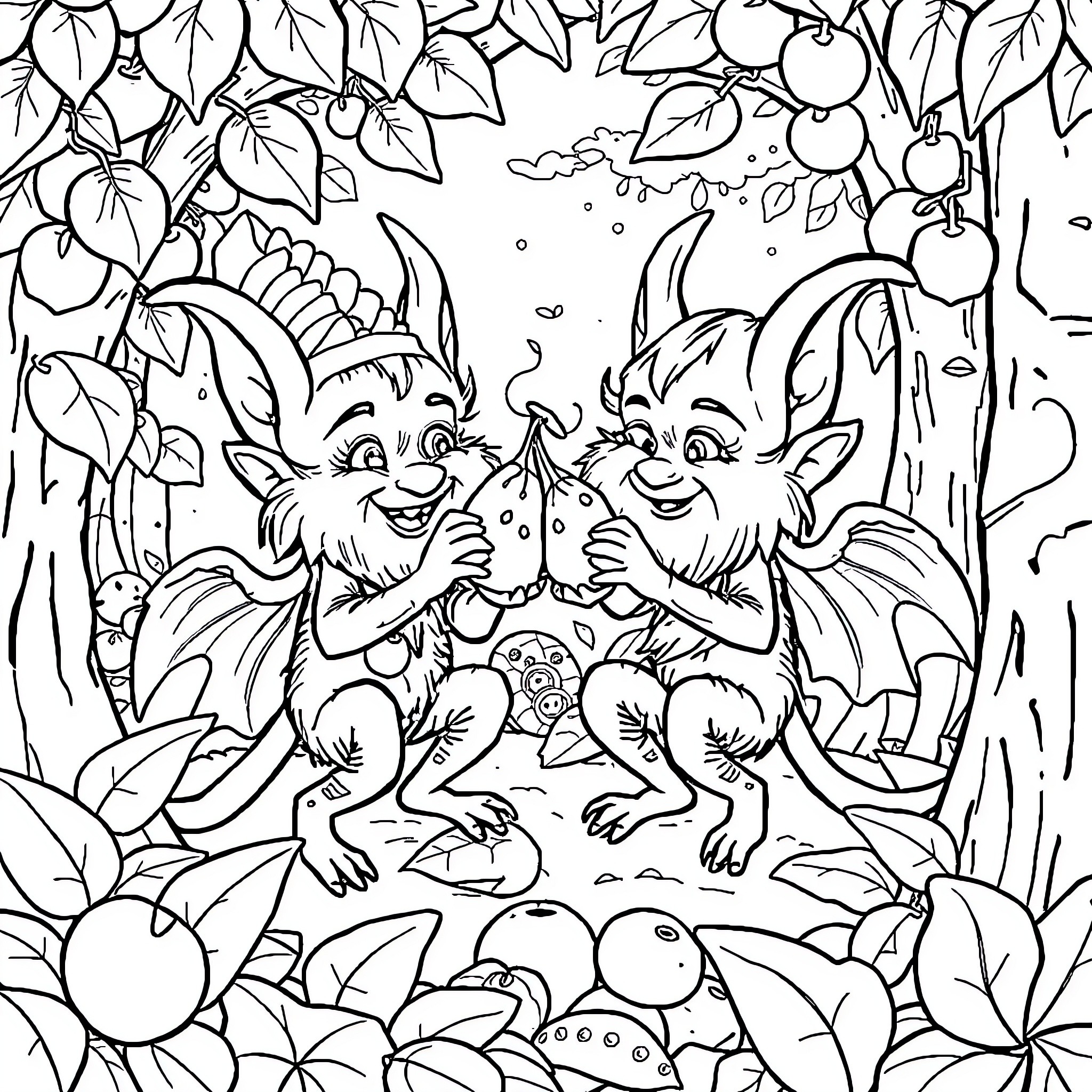 Duende creatures playing joyfully in enchanted forest Coloring Page (free black-and-white line drawing printable PDF for all, from beginners to advanced learners, including children, teens, adults, and seniors)