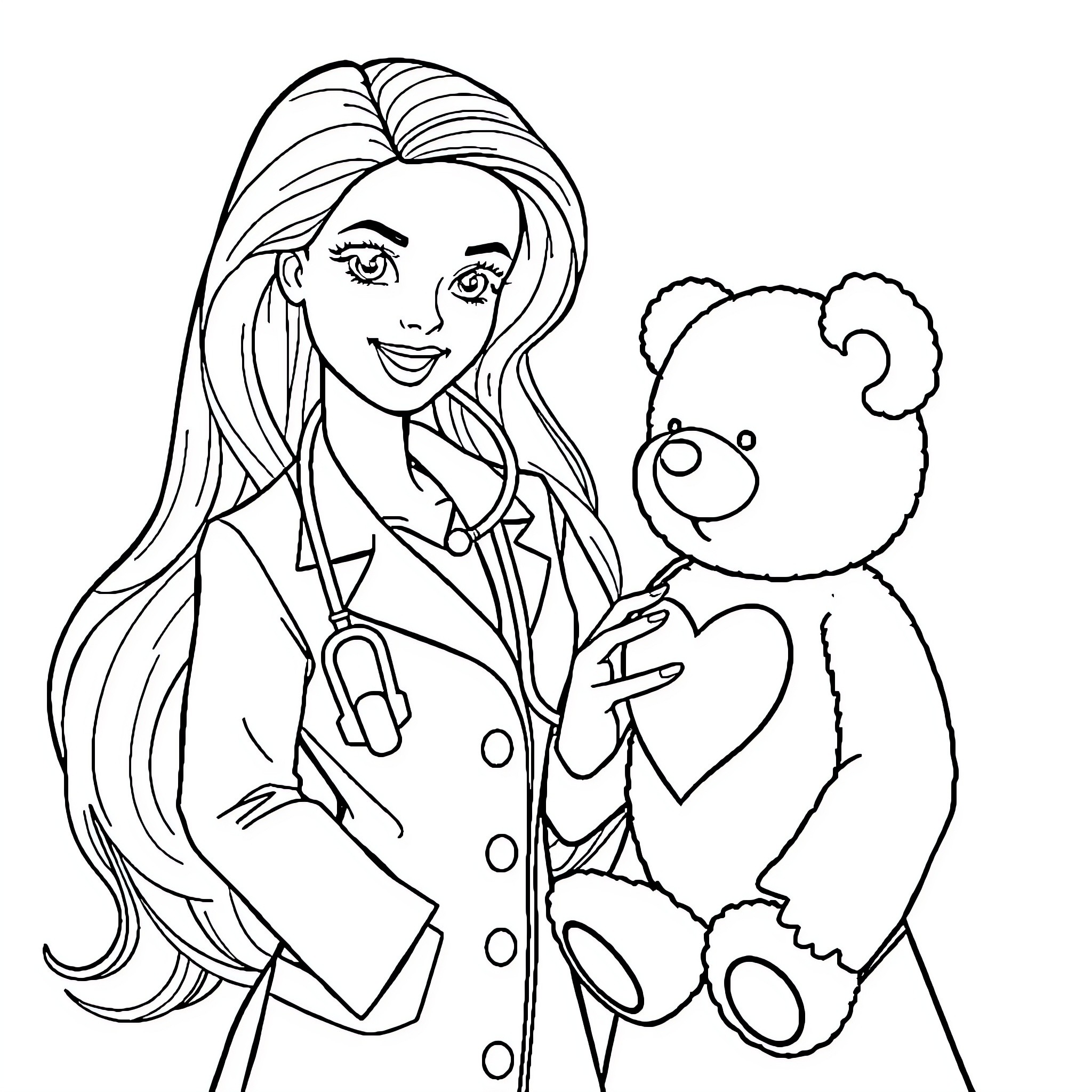 Barbie playing with a stuffed bear Coloring Page (free black-and-white line drawing printable PDF for all, from beginners to advanced learners, including children, teens, adults, and seniors)
