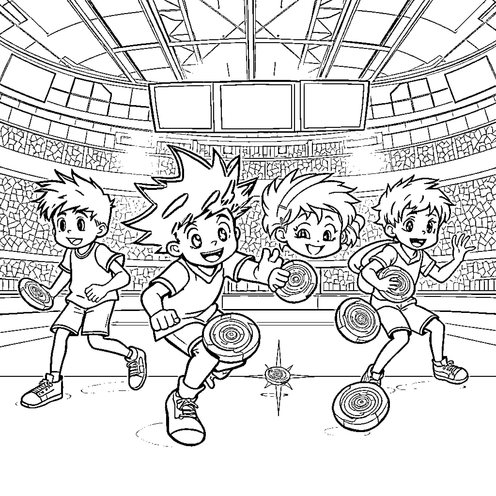 Beyblade Battle in the Stadium Arena Coloring Page (free black-and-white line drawing printable PDF for all, from beginners to advanced learners, including children, teens, adults, and seniors)