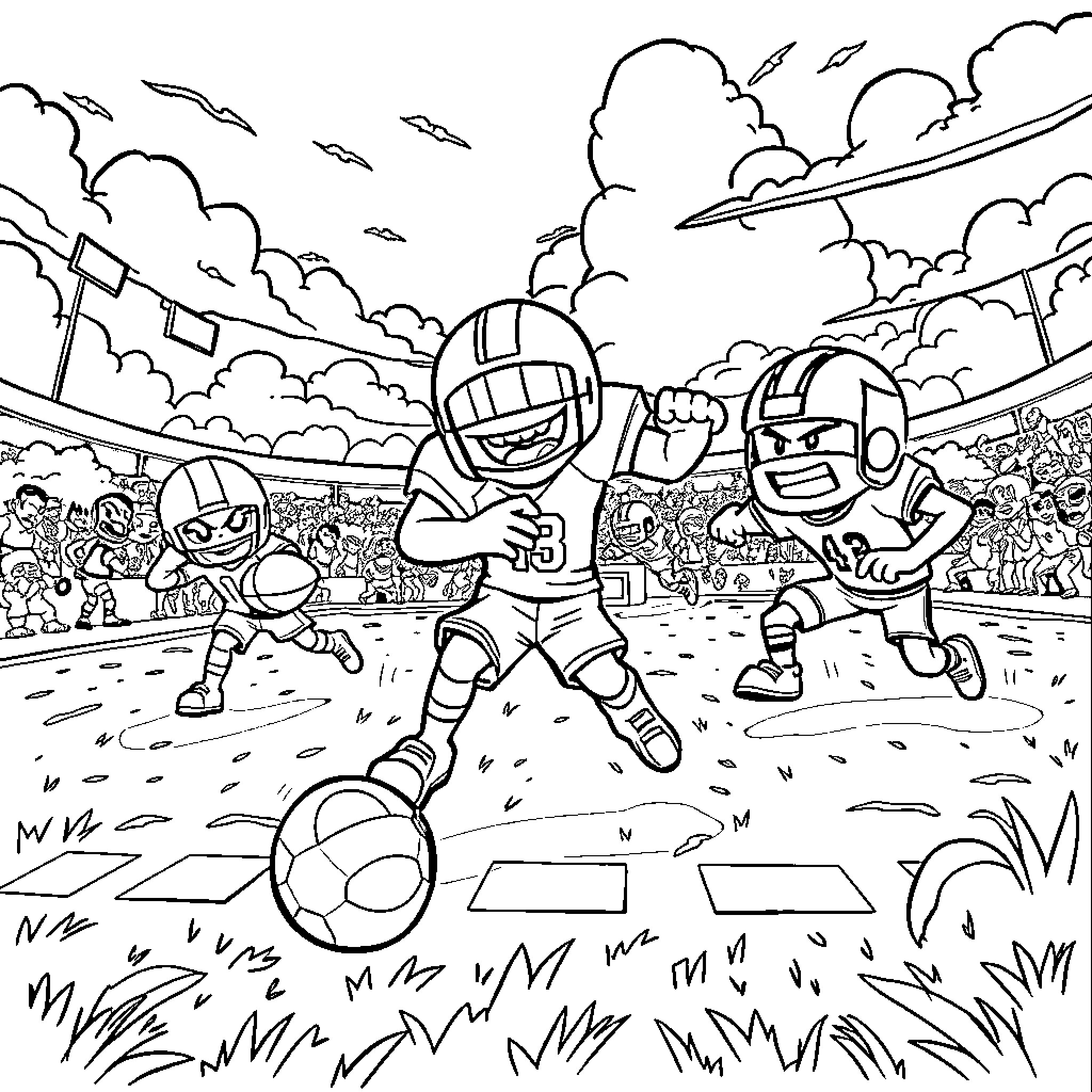 Brawl Stars: Intense Sporting Match on the Field Coloring Page (free black-and-white line drawing printable PDF for all, from beginners to advanced learners, including children, teens, adults, and seniors)