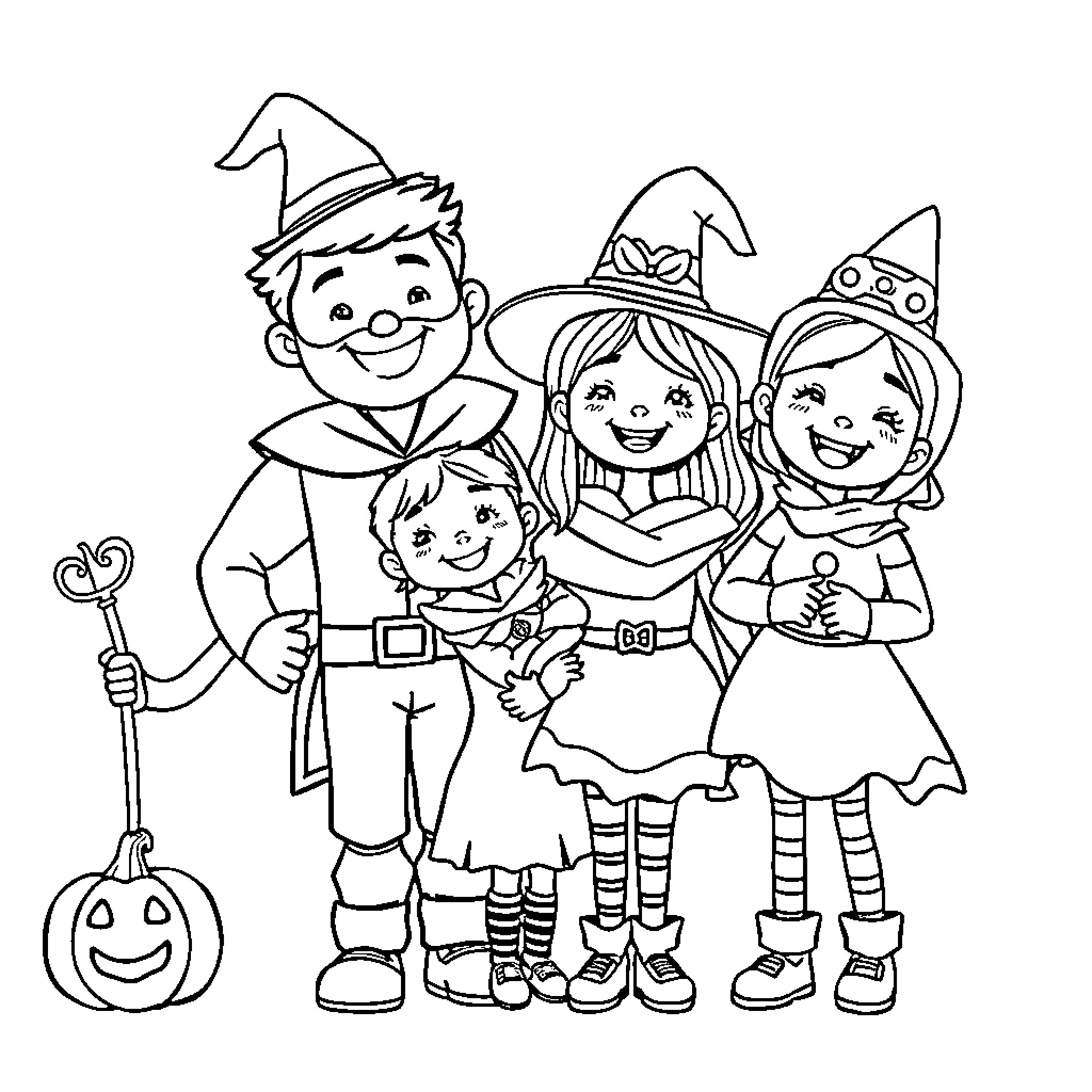 Halloween costumes and cheerful family Coloring Page (free black-and-white line drawing printable PDF for all, from beginners to advanced learners, including children, teens, adults, and seniors)