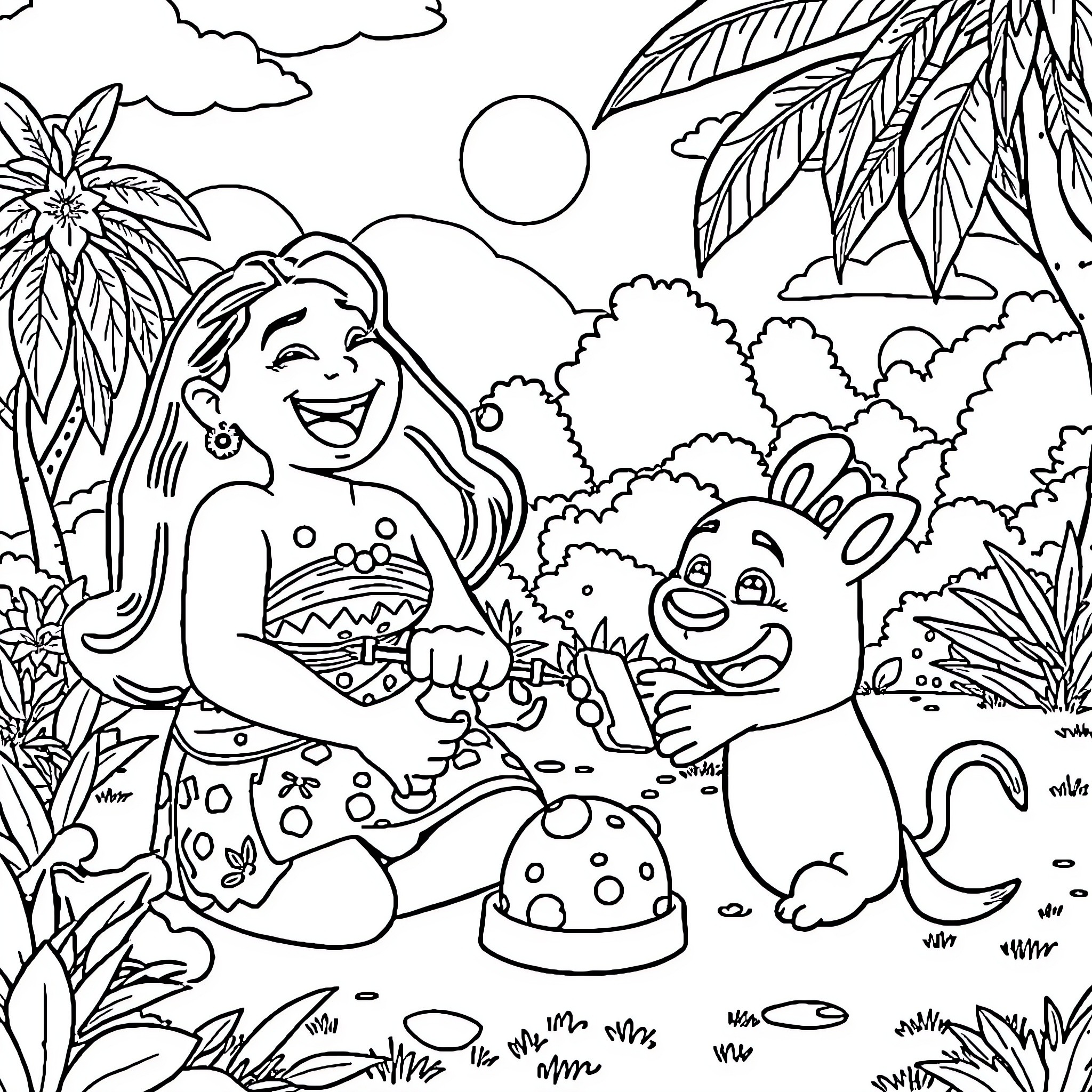 Moana enjoying a tropical adventure with Pua Coloring Page (free black-and-white line drawing printable PDF for all, from beginners to advanced learners, including children, teens, adults, and seniors)