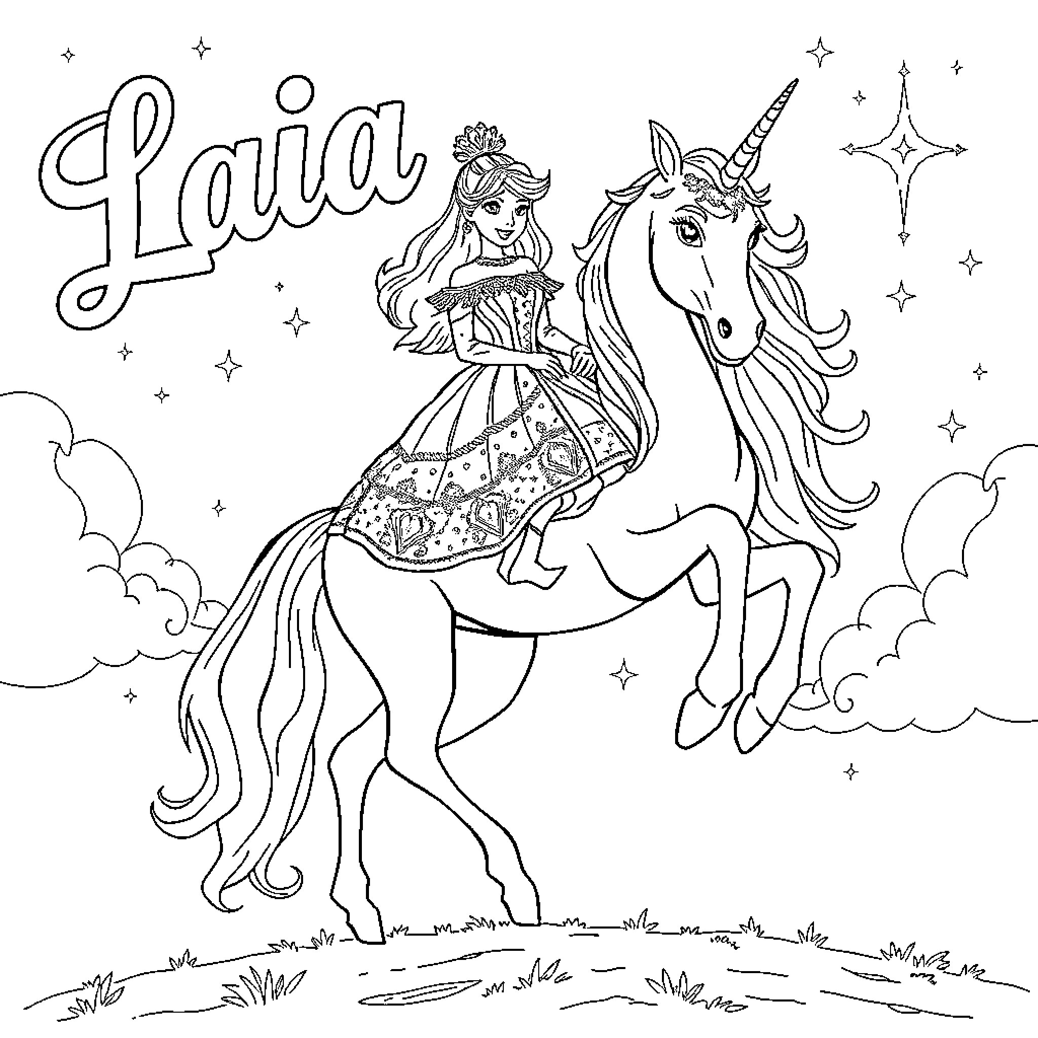 Princess Laia riding a magnificent unicorn Coloring Page (free black-and-white line drawing printable PDF for all, from beginners to advanced learners, including children, teens, adults, and seniors)