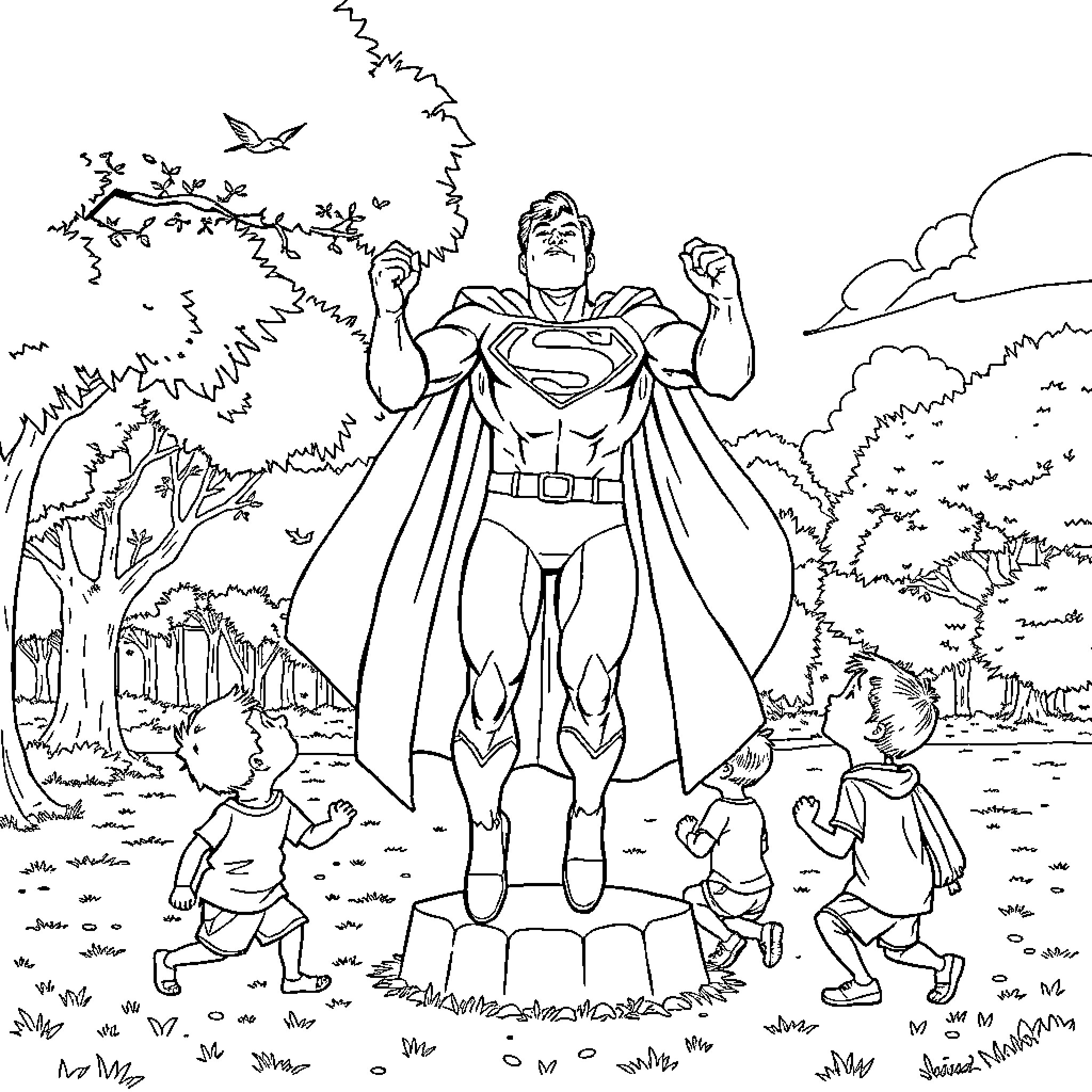 Superman heroically protects children in the park Coloring Page (free black-and-white line drawing printable PDF for all, from beginners to advanced learners, including children, teens, adults, and seniors)