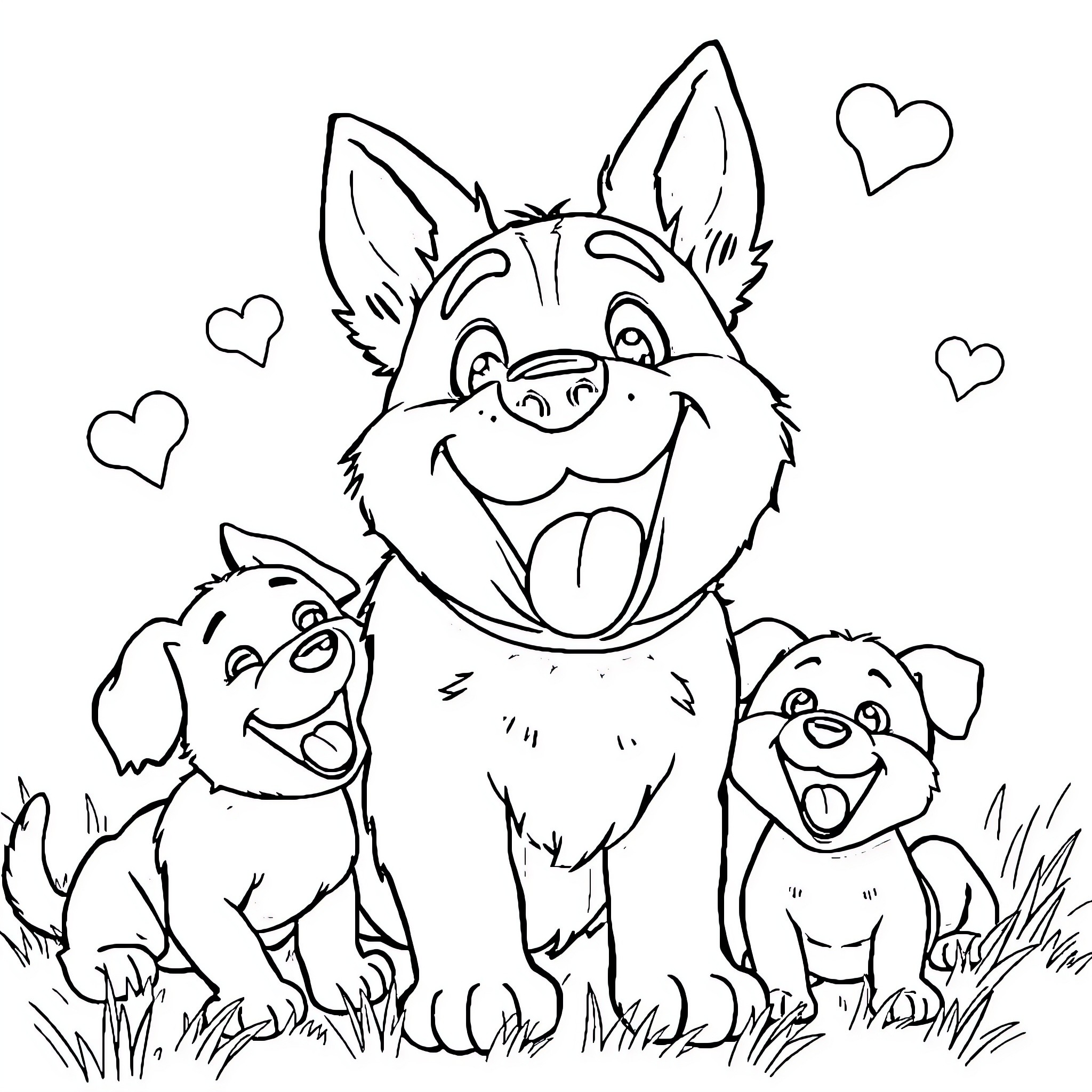 Bluey and her playful puppy friends Coloring Page (free black-and-white line drawing printable PDF for all, from beginners to advanced learners, including children, teens, adults, and seniors)