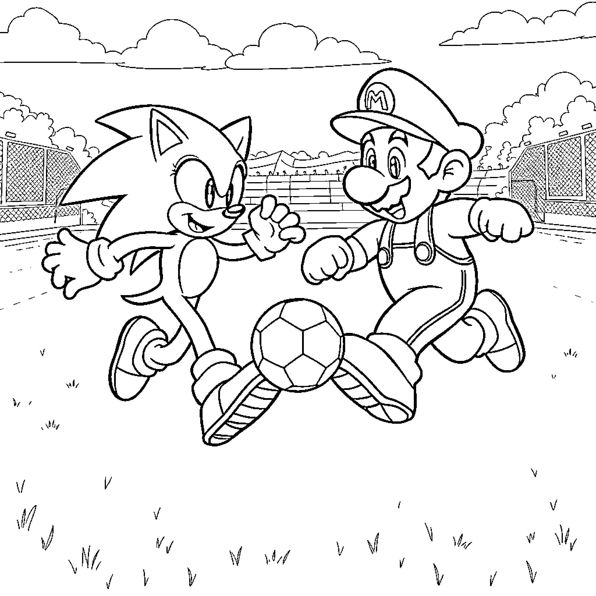 Sonic and Mario playing soccer in the park Coloring Page (free black-and-white line drawing printable PDF for all, from beginners to advanced learners, including children, teens, adults, and seniors)