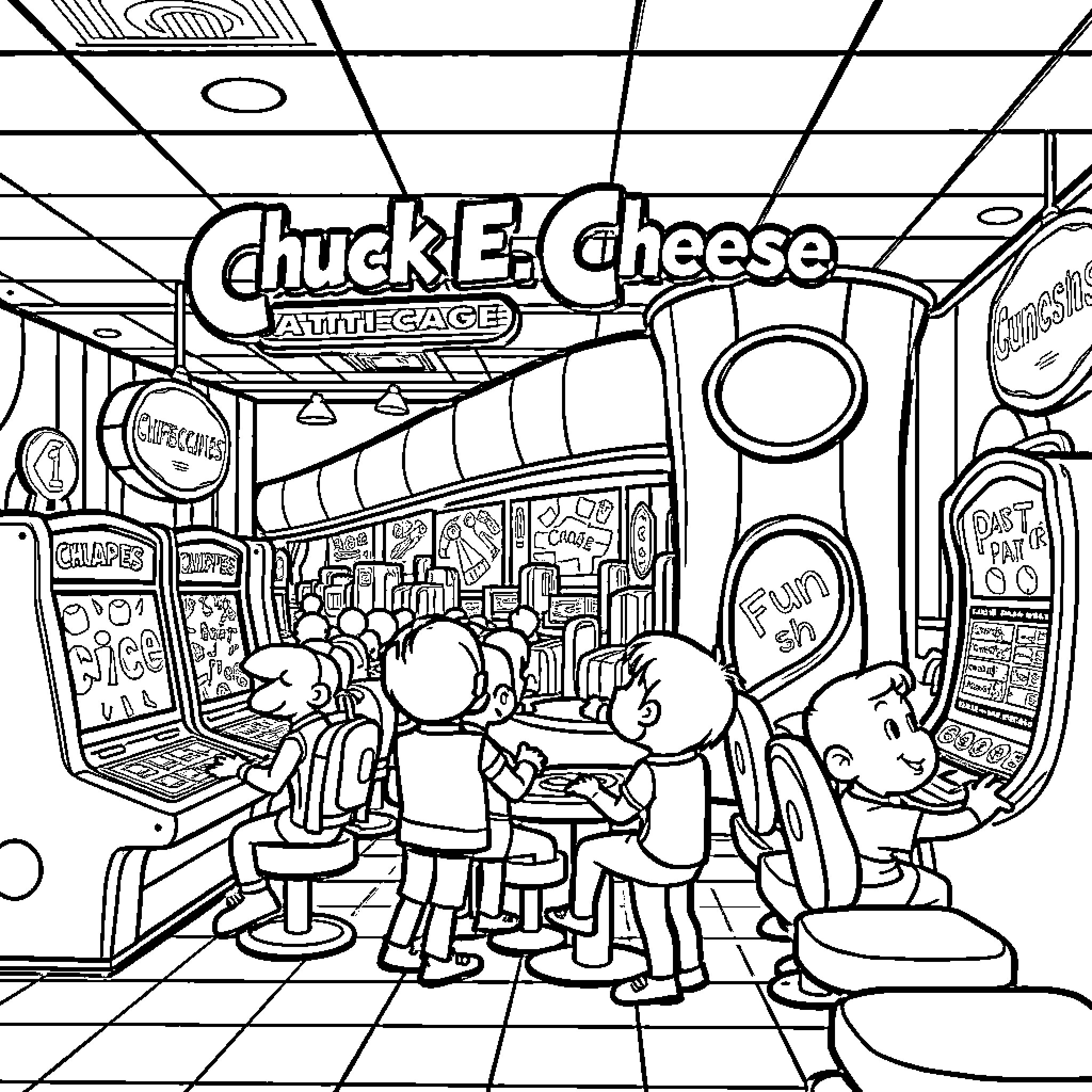 Chuck E. Cheese kids playing arcade games Coloring Page (free black-and-white line drawing printable PDF for all, from beginners to advanced learners, including children, teens, adults, and seniors)