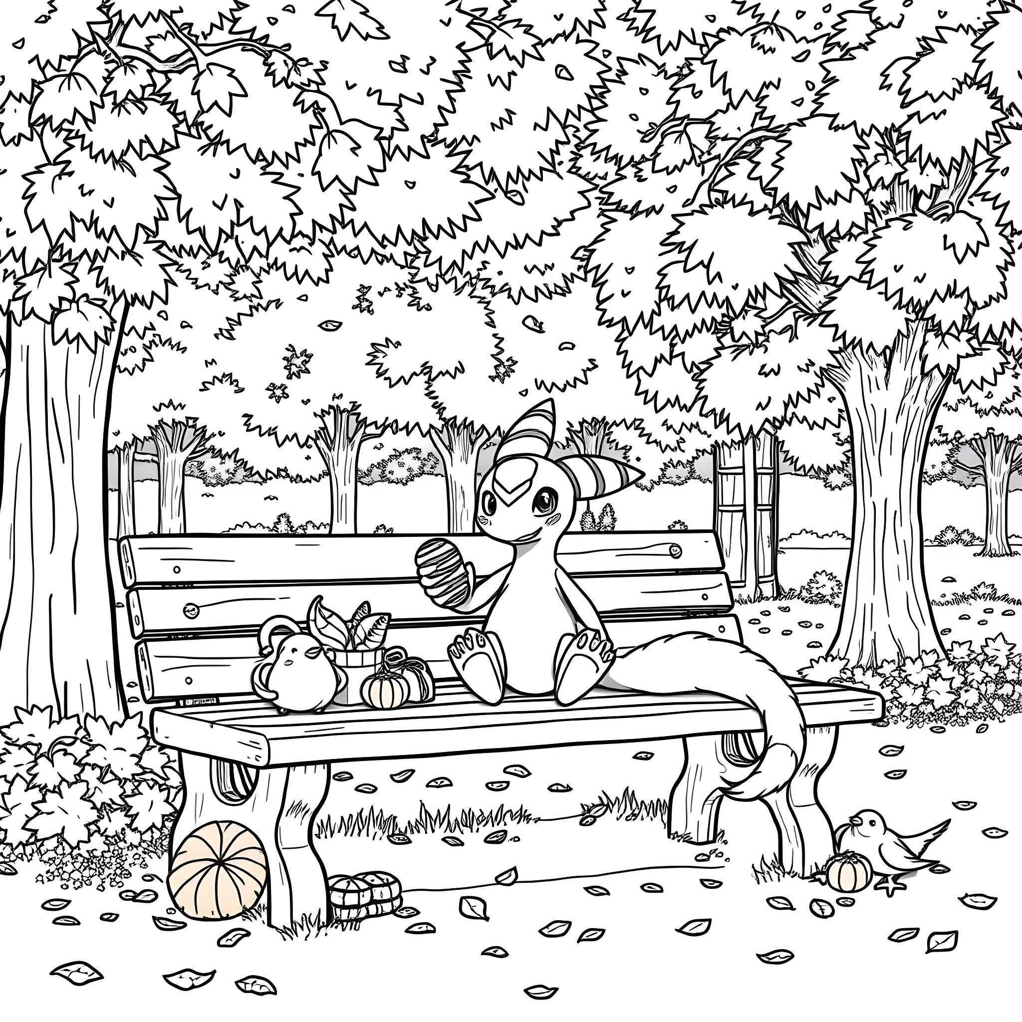 Digimon characters relaxing in a peaceful forest scene Coloring Page (free black-and-white line drawing printable PDF for all, from beginners to advanced learners, including children, teens, adults, and seniors)