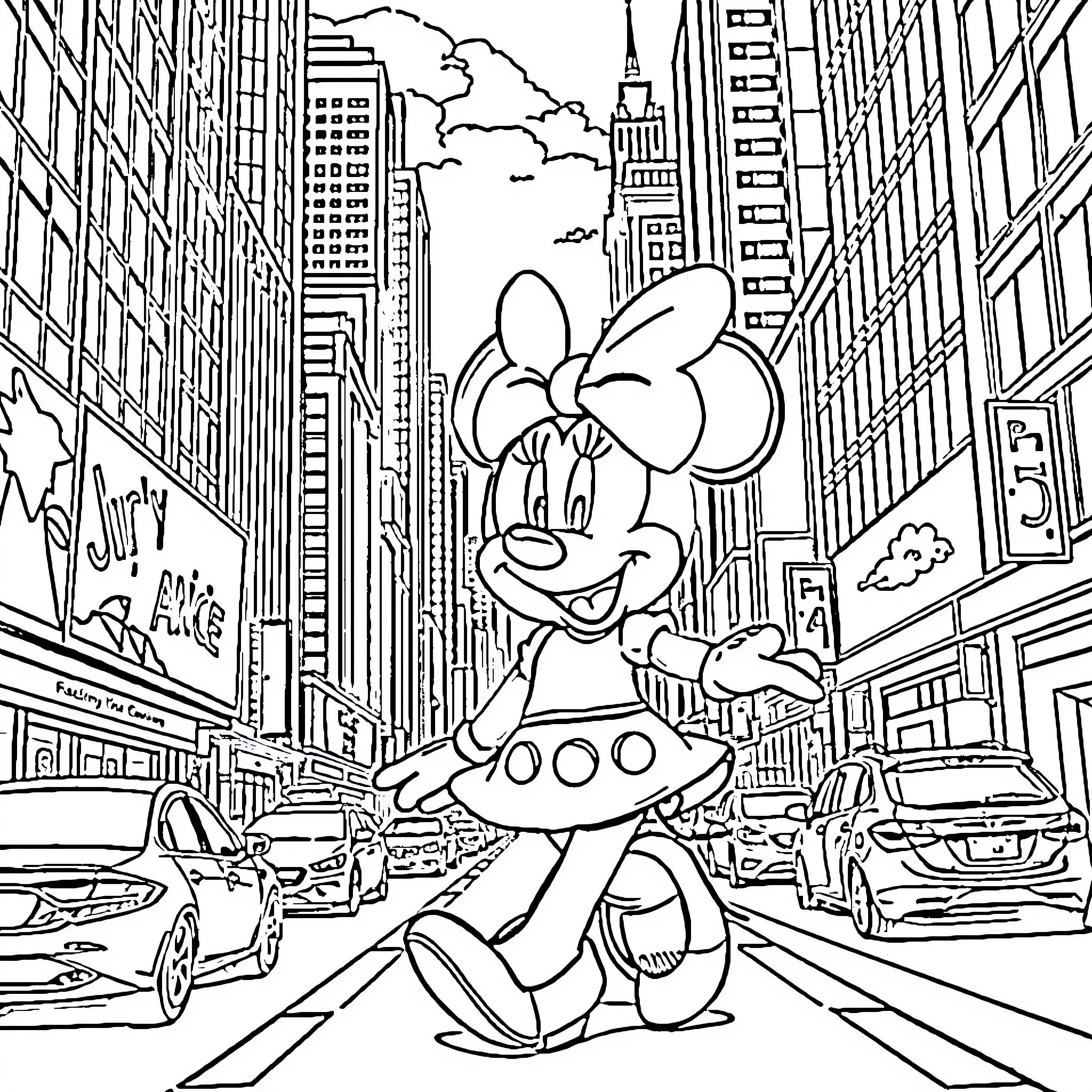 Minnie Mouse exploring the bustling city streets Coloring Page (free black-and-white line drawing printable PDF for all, from beginners to advanced learners, including children, teens, adults, and seniors)