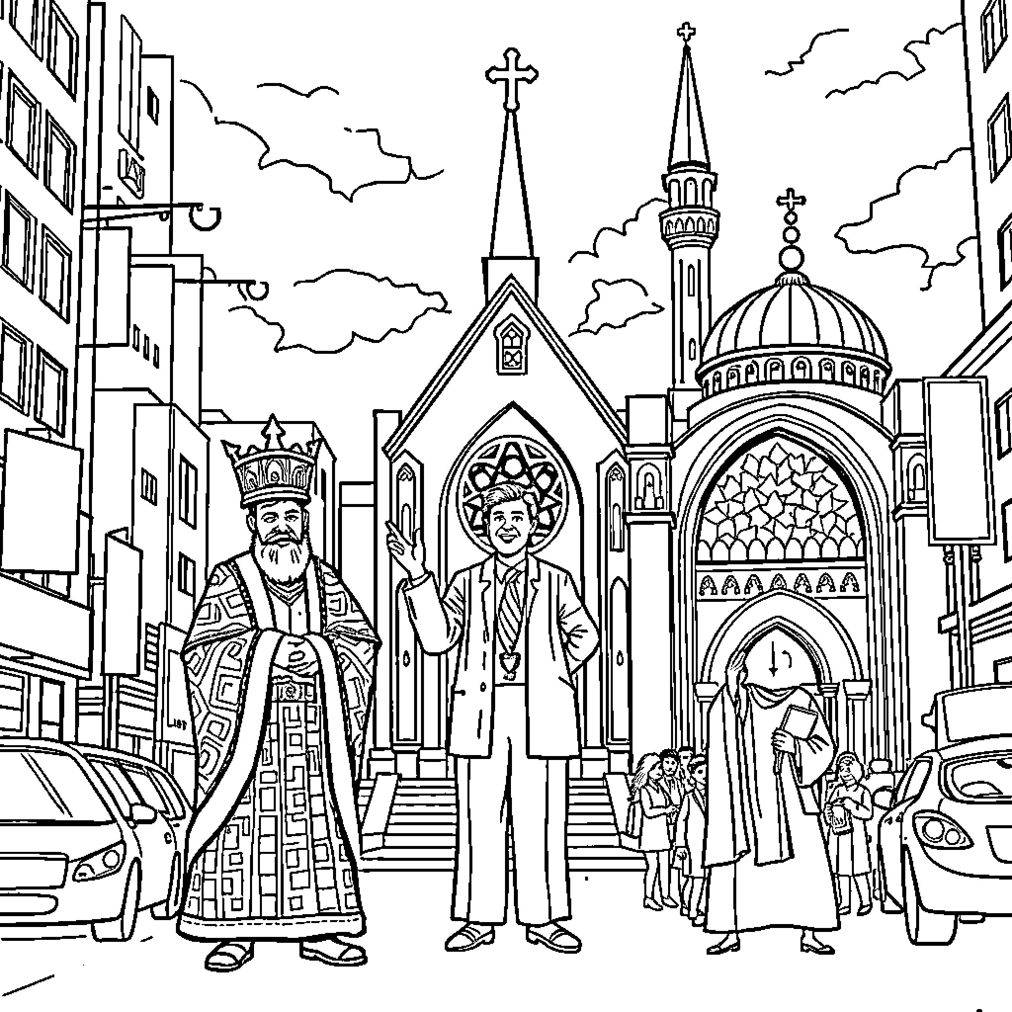 Religious Leaders Gathered Outside Ornate Church Coloring Page (free black-and-white line drawing printable PDF for all, from beginners to advanced learners, including children, teens, adults, and seniors)
