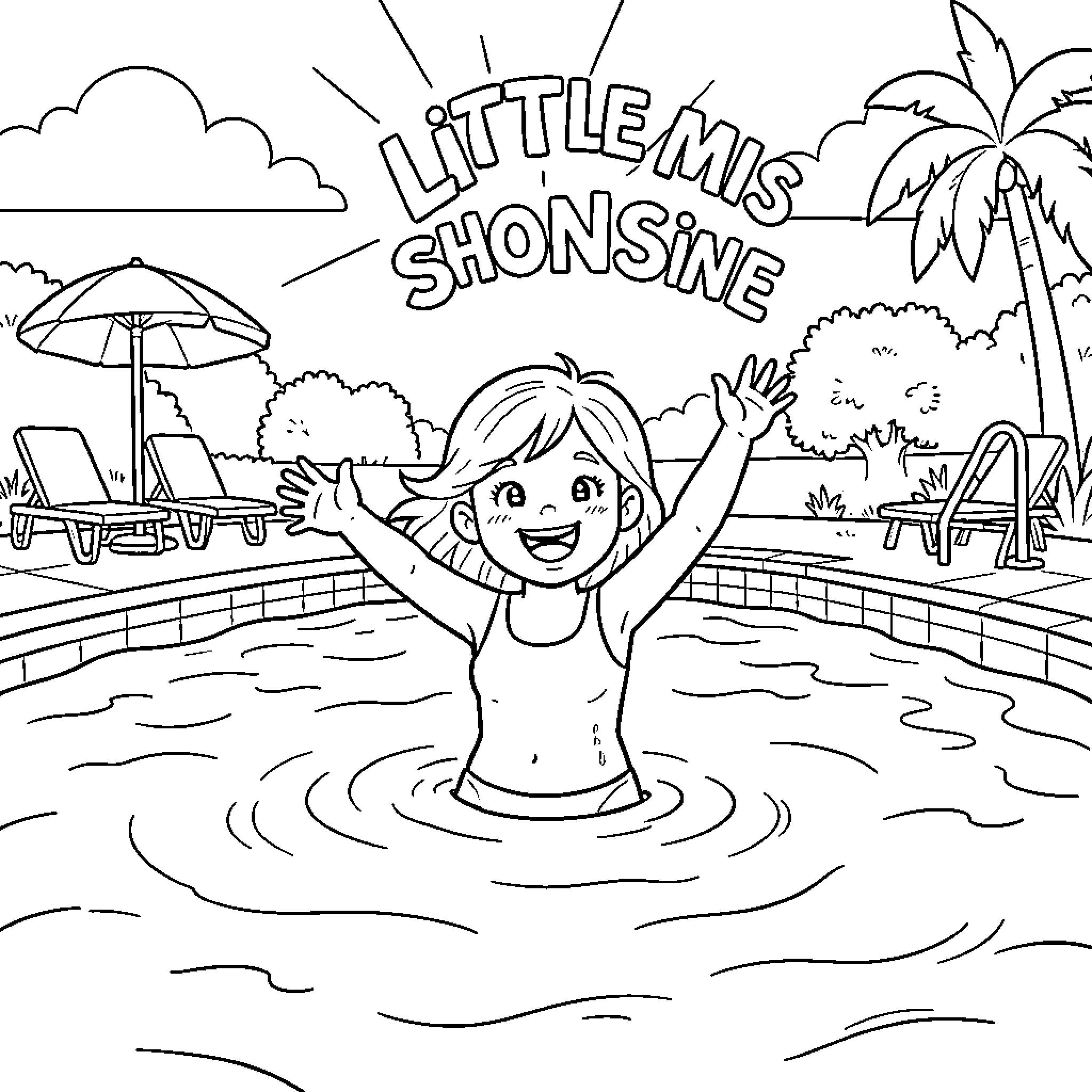 Little Miss Sunshine enjoys fun in the pool on a sunny day Coloring Page (free black-and-white line drawing printable PDF for all, from beginners to advanced learners, including children, teens, adults, and seniors)