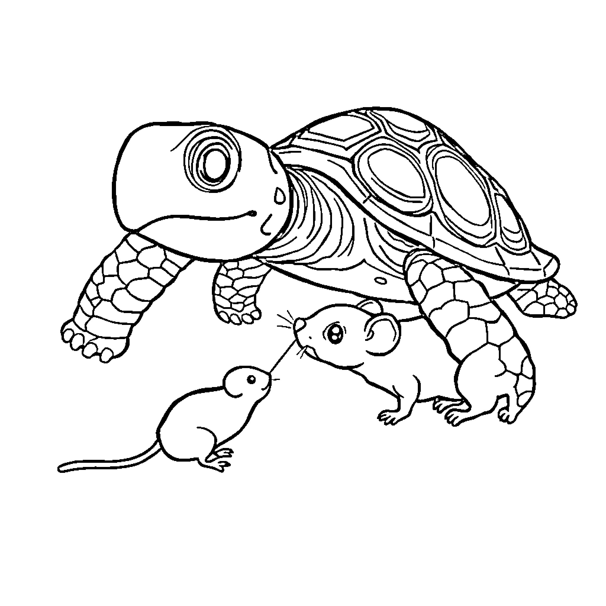 Turtles and Mice Playing Cheerfully Coloring Page (free black-and-white line drawing printable PDF for all, from beginners to advanced learners, including children, teens, adults, and seniors)