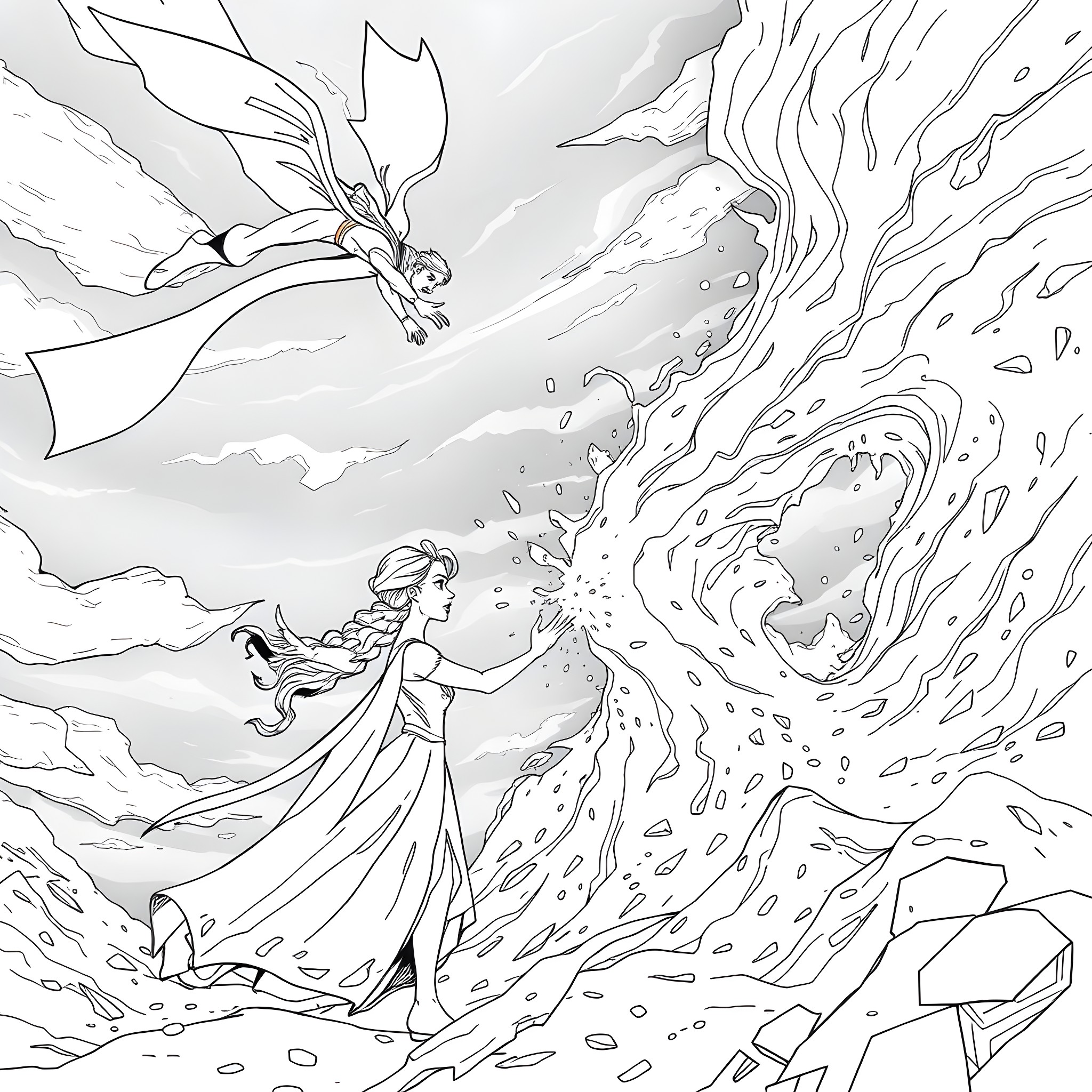 Elsa wielding icy powers against a fierce winter storm Coloring Page (free black-and-white line drawing printable PDF for all, from beginners to advanced learners, including children, teens, adults, and seniors)
