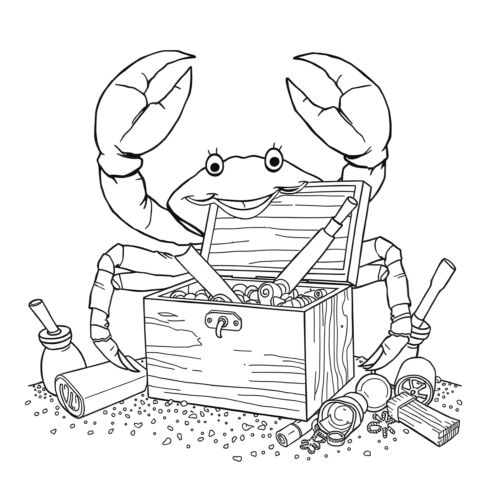 Crab exploring a treasure chest Coloring Page (free black-and-white line drawing printable PDF for all, from beginners to advanced learners, including children, teens, adults, and seniors)