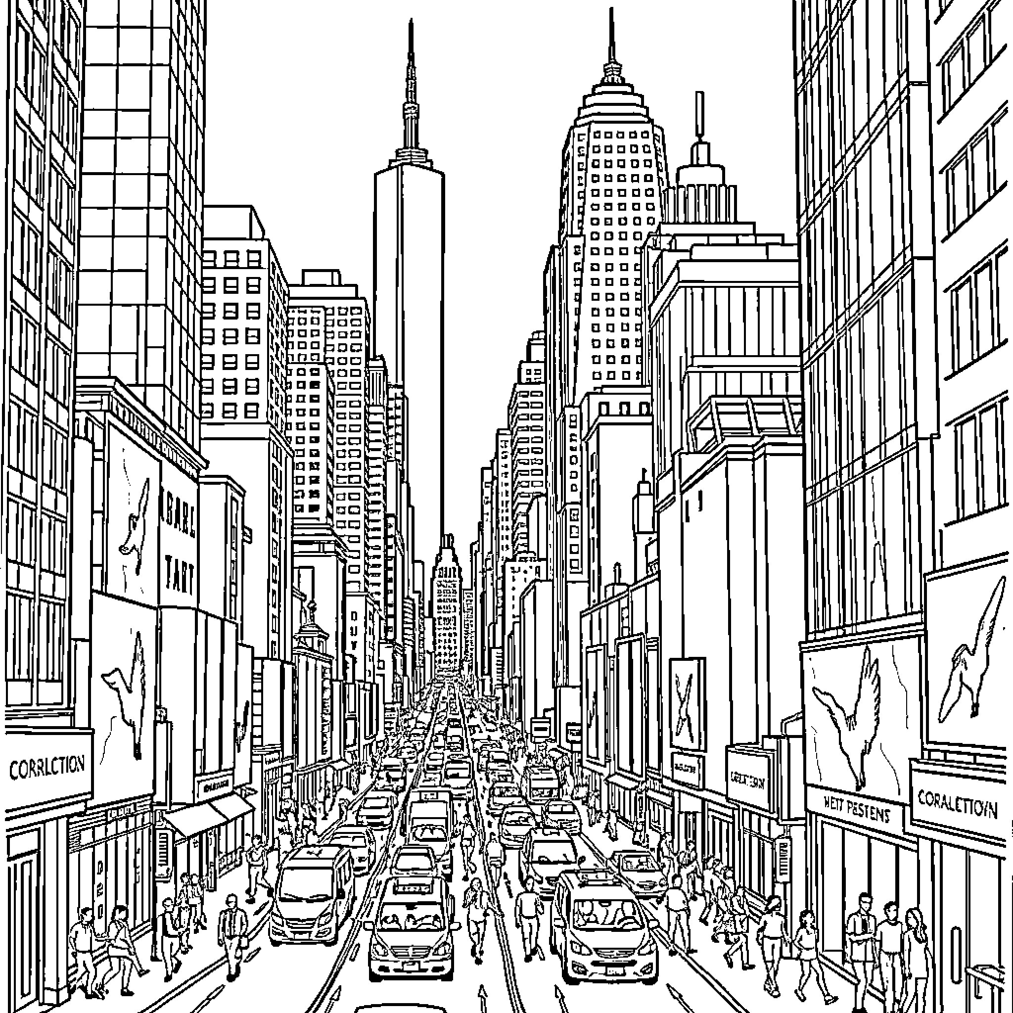 City of bustling activity and towering skyscrapers Coloring Page (free black-and-white line drawing printable PDF for all, from beginners to advanced learners, including children, teens, adults, and seniors)