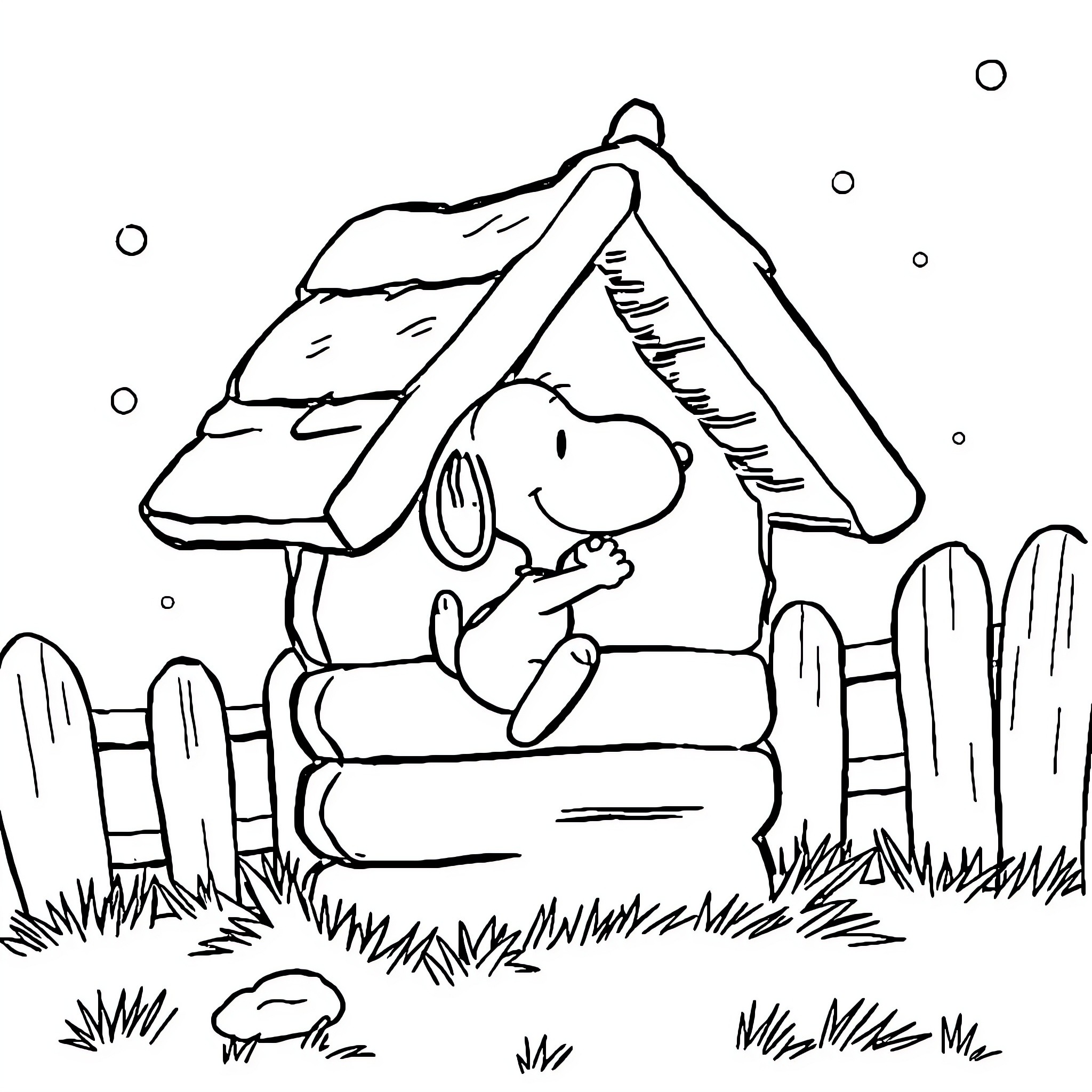 Snoopy enjoying a cozy day in his doghouse Coloring Page (free black-and-white line drawing printable PDF for all, from beginners to advanced learners, including children, teens, adults, and seniors)