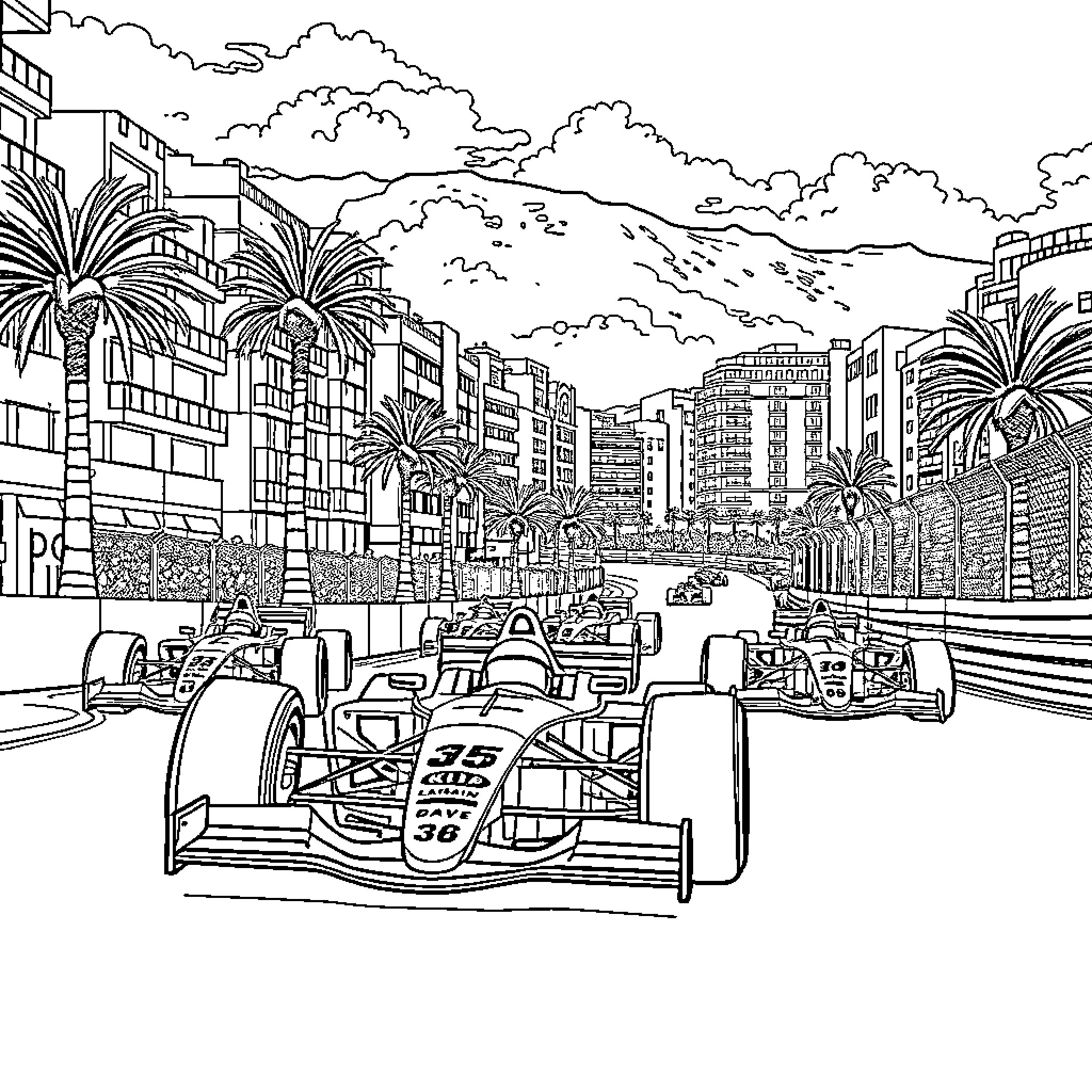 Formula Racing Through the City Streets Coloring Page (free black-and-white line drawing printable PDF for all, from beginners to advanced learners, including children, teens, adults, and seniors)