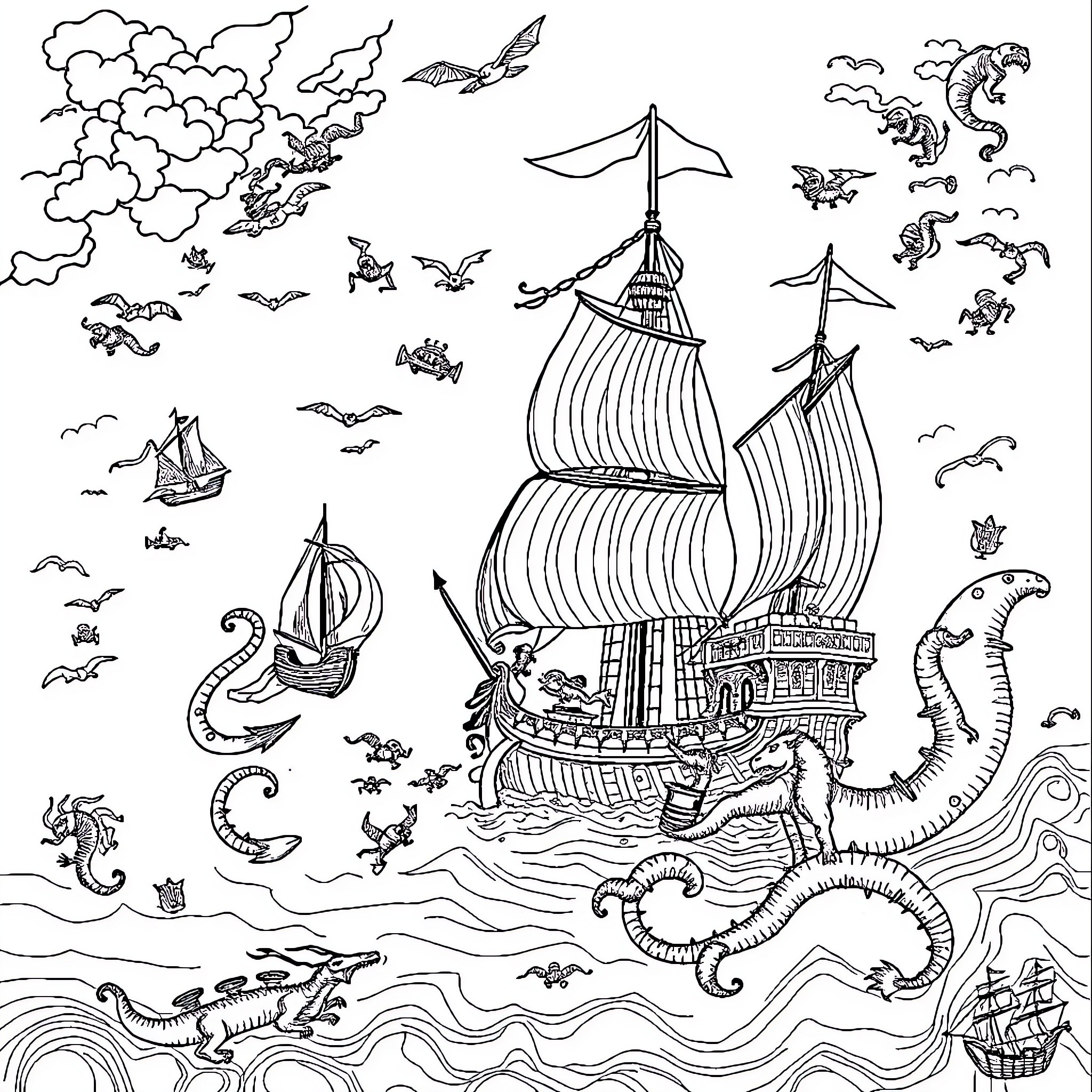 Map of Fantastical Sea Voyage with Whimsical Creatures Coloring Page (free black-and-white line drawing printable PDF for all, from beginners to advanced learners, including children, teens, adults, and seniors)