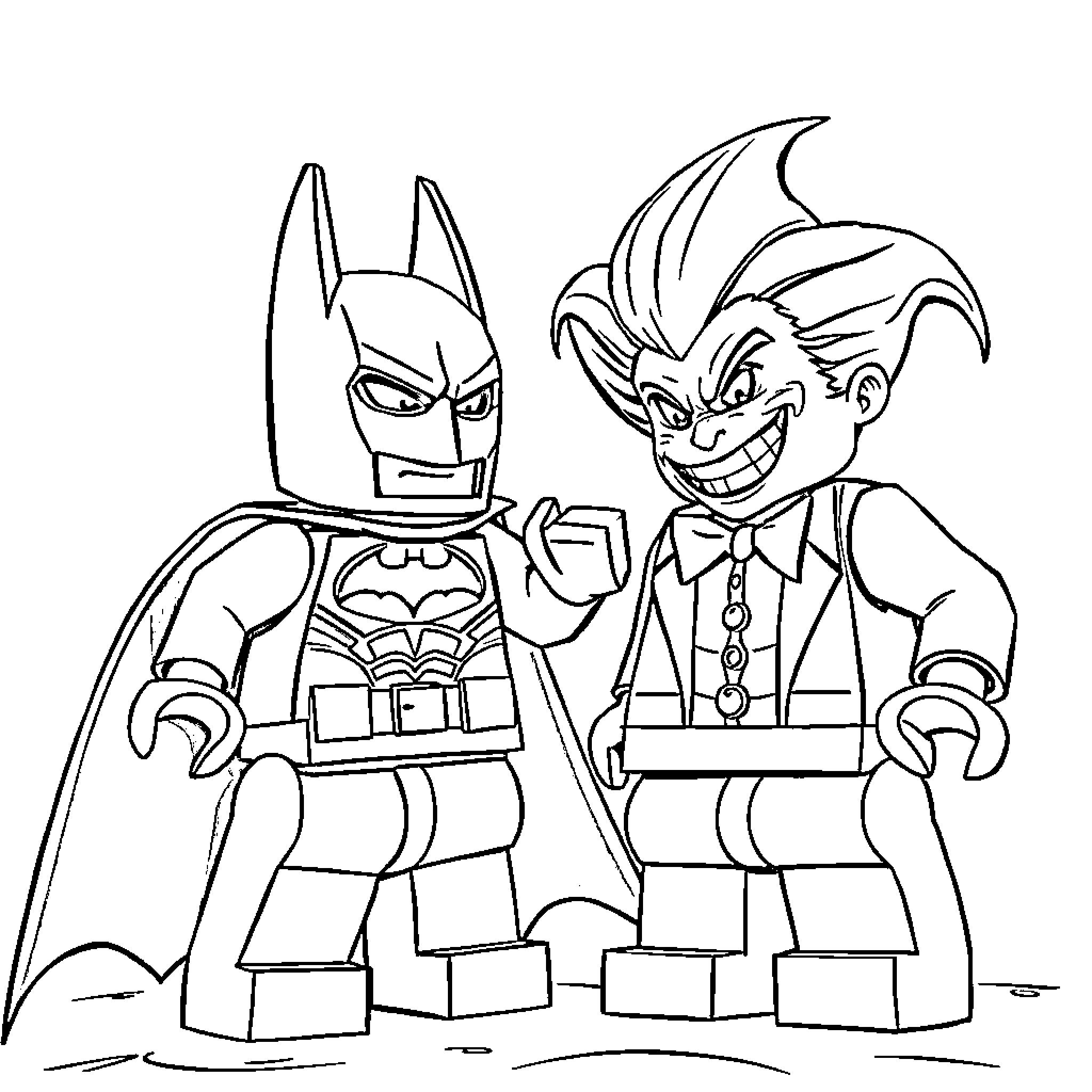 Lego Batman and the Joker in action Coloring Page (free black-and-white line drawing printable PDF for all, from beginners to advanced learners, including children, teens, adults, and seniors)