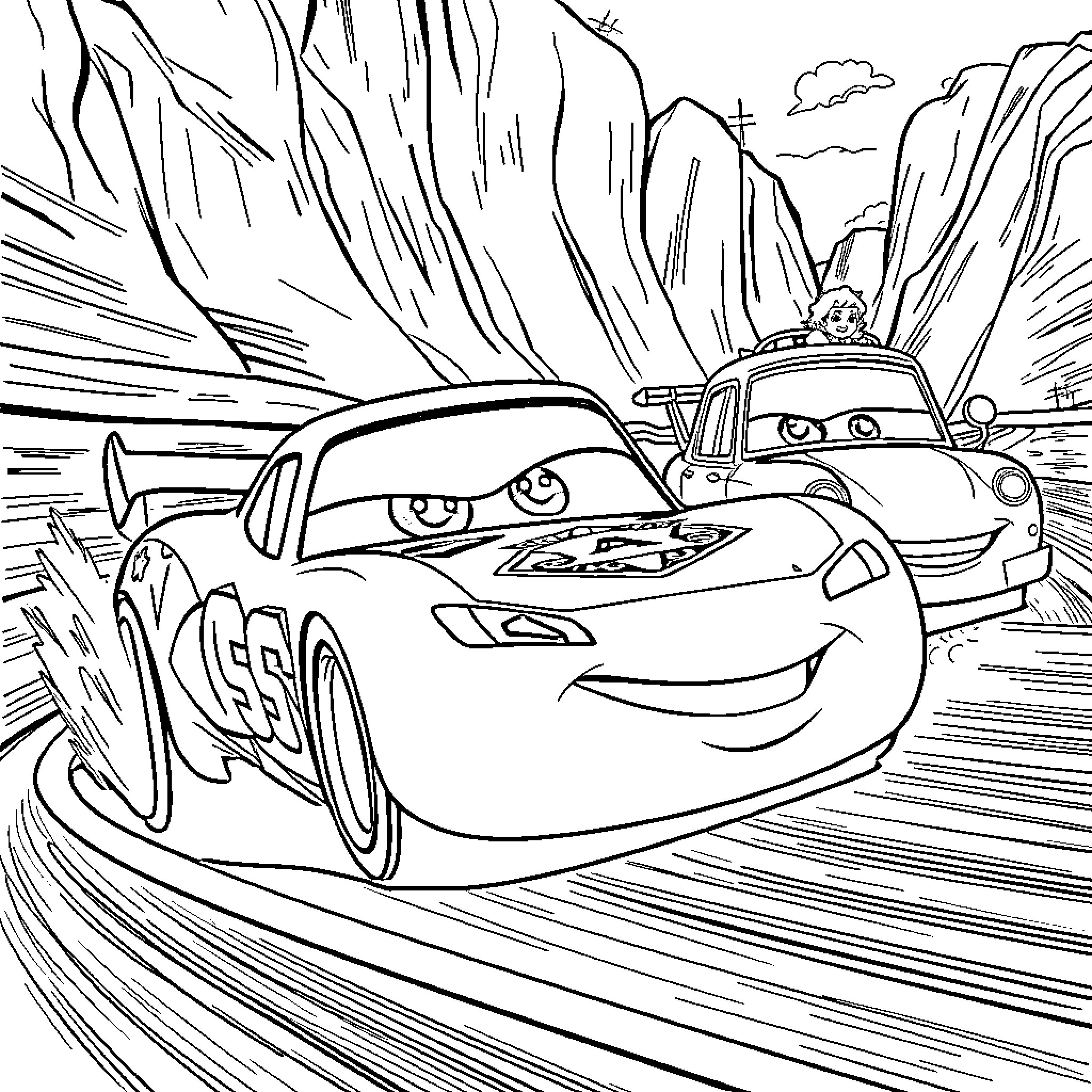 Lightning McQueen in an action-packed scene Coloring Page (free black-and-white line drawing printable PDF for all, from beginners to advanced learners, including children, teens, adults, and seniors)