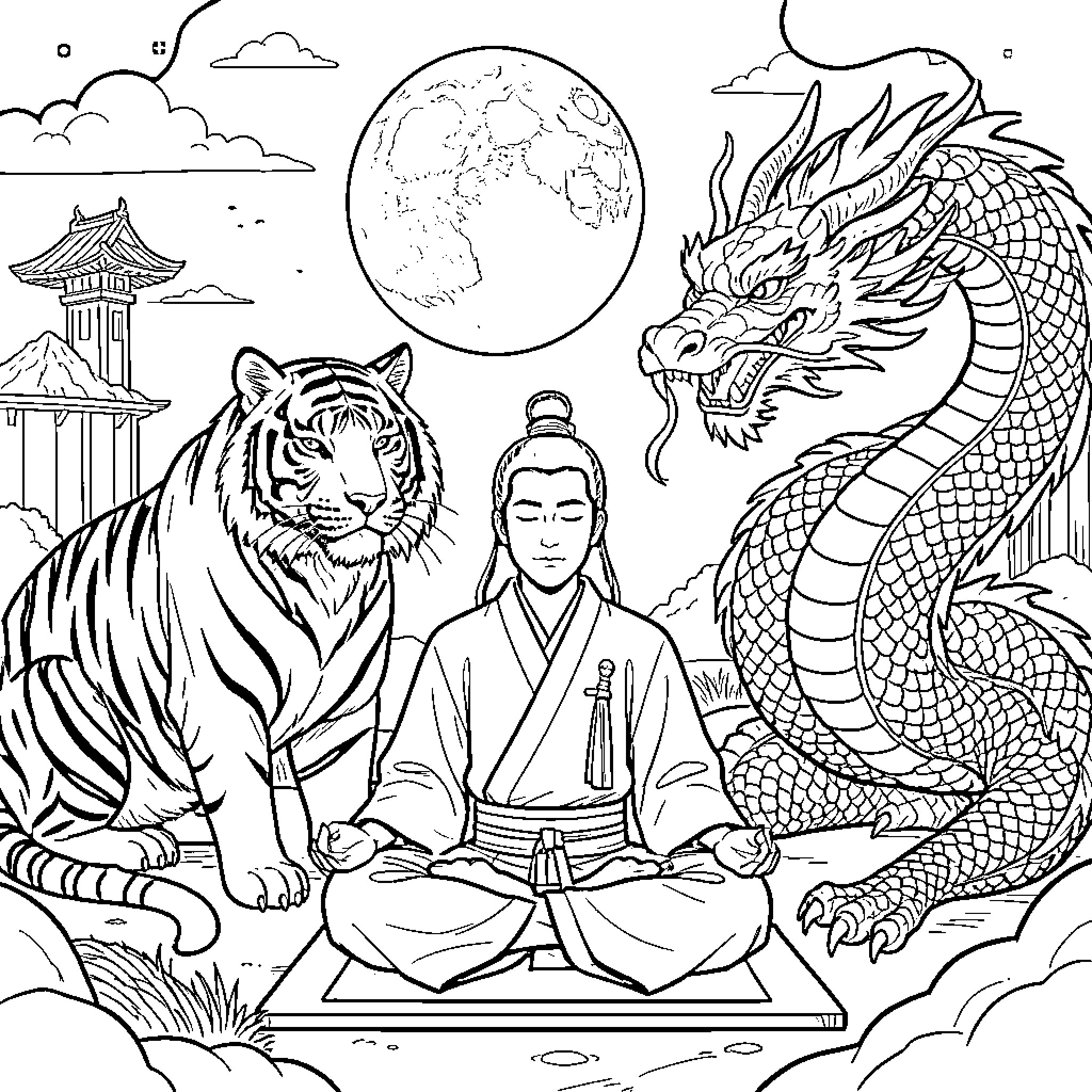 Samurai meditating with mythical dragon and tiger Coloring Page (free black-and-white line drawing printable PDF for all, from beginners to advanced learners, including children, teens, adults, and seniors)