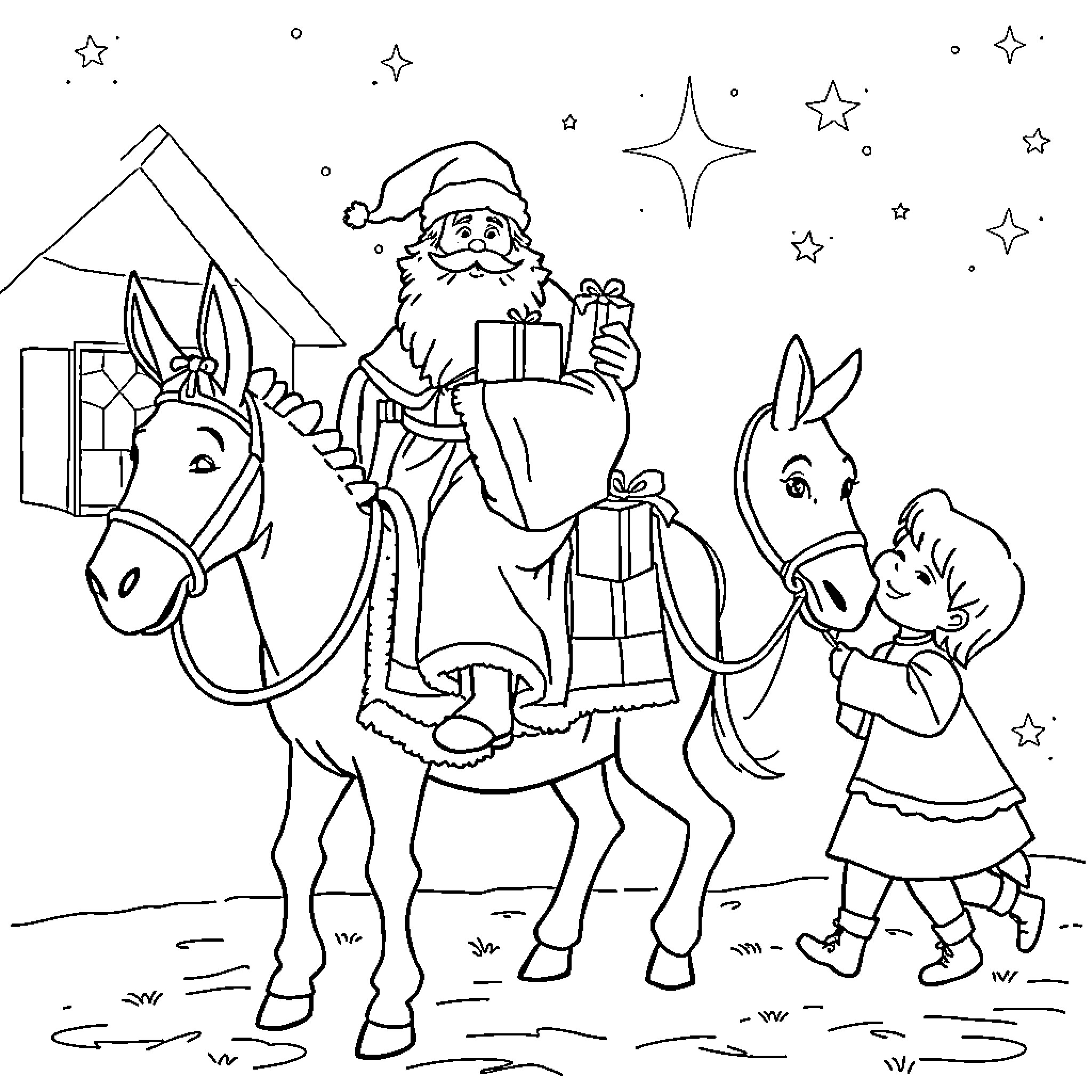 Saint Nicolas Delivering Gifts on Donkey Coloring Page (free black-and-white line drawing printable PDF for all, from beginners to advanced learners, including children, teens, adults, and seniors)