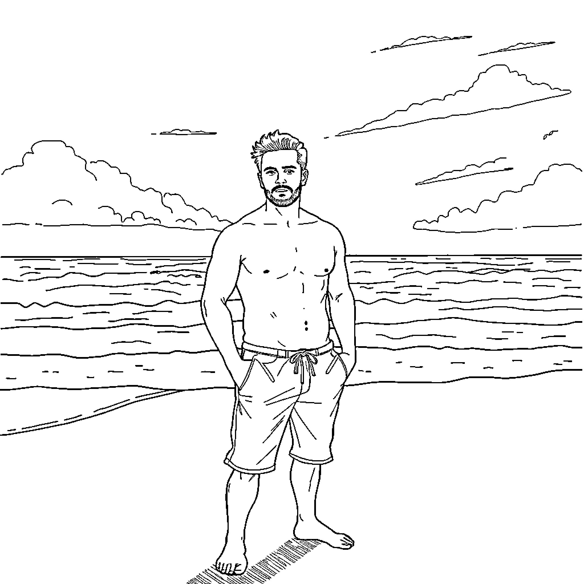 David Malek standing confidently on the beach Coloring Page (free black-and-white line drawing printable PDF for all, from beginners to advanced learners, including children, teens, adults, and seniors)