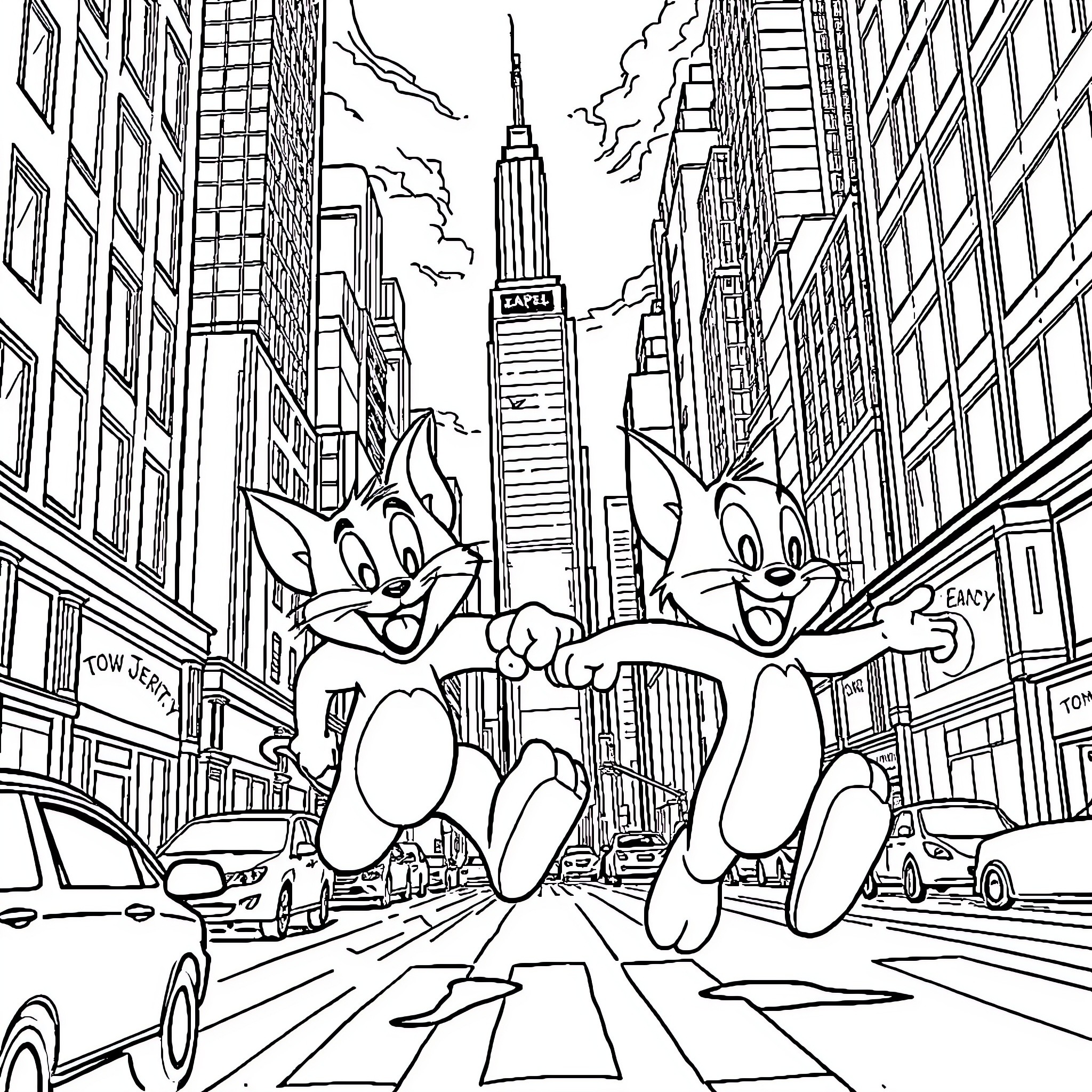 Tom and Jerry's Crazy Chase Through the City Coloring Page (free black-and-white line drawing printable PDF for all, from beginners to advanced learners, including children, teens, adults, and seniors)