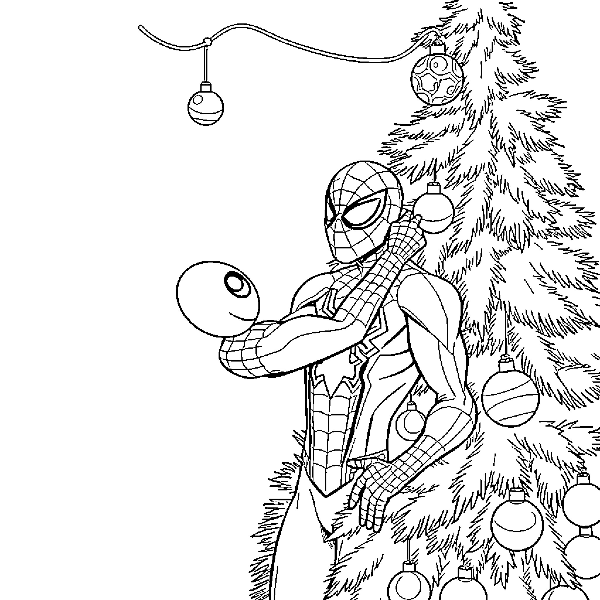 Spider-Man Decorating Christmas Tree with Ornaments Coloring Page (free black-and-white line drawing printable PDF for all, from beginners to advanced learners, including children, teens, adults, and seniors)