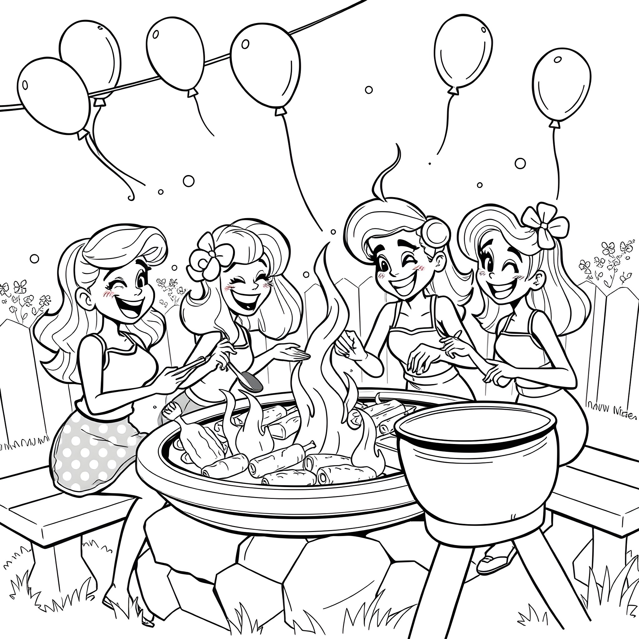Bluey and friends having a joyful outdoor party Coloring Page (free black-and-white line drawing printable PDF for all, from beginners to advanced learners, including children, teens, adults, and seniors)