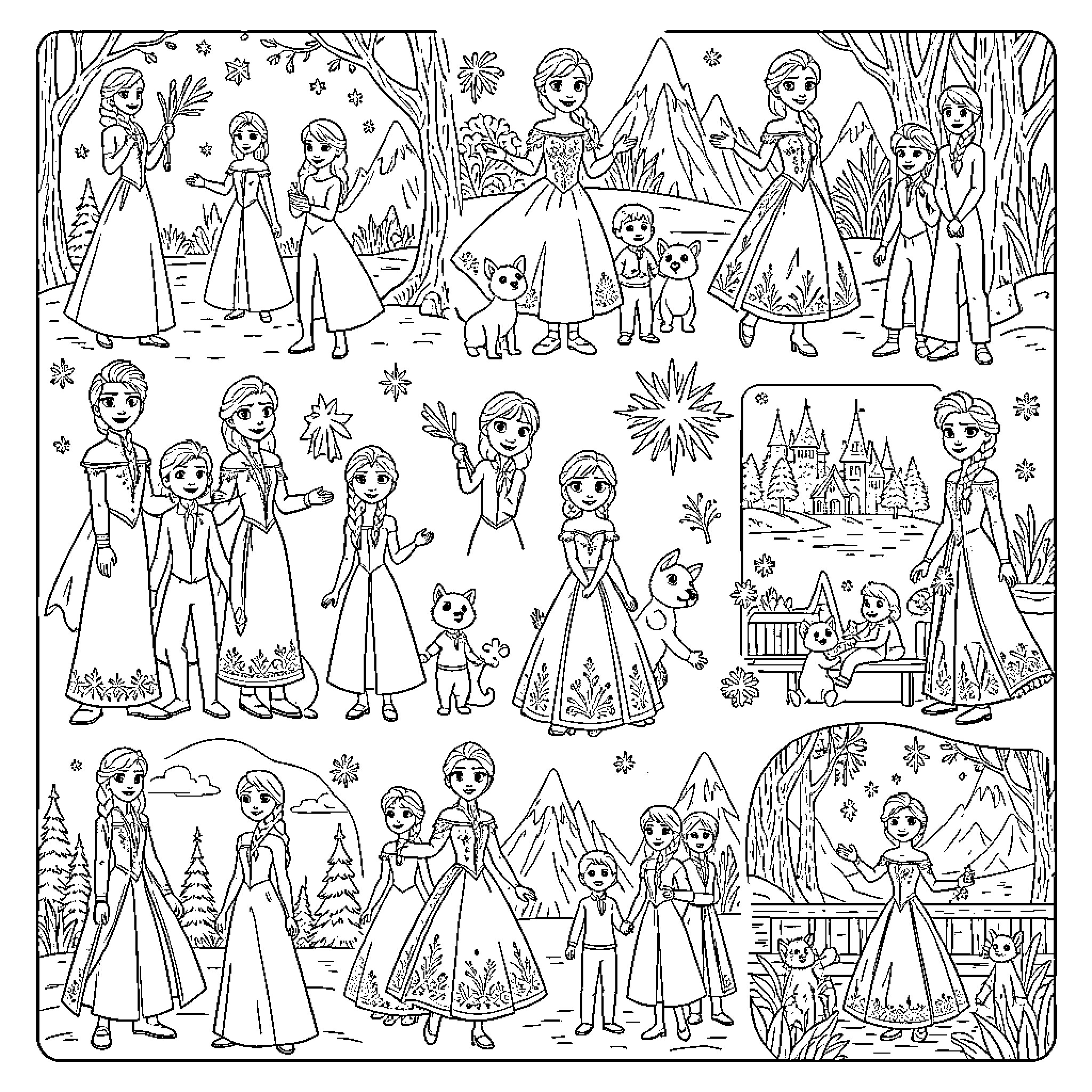 Frozen princesses walking and playing in a snowy landscape Coloring Page (free black-and-white line drawing printable PDF for all, from beginners to advanced learners, including children, teens, adults, and seniors)