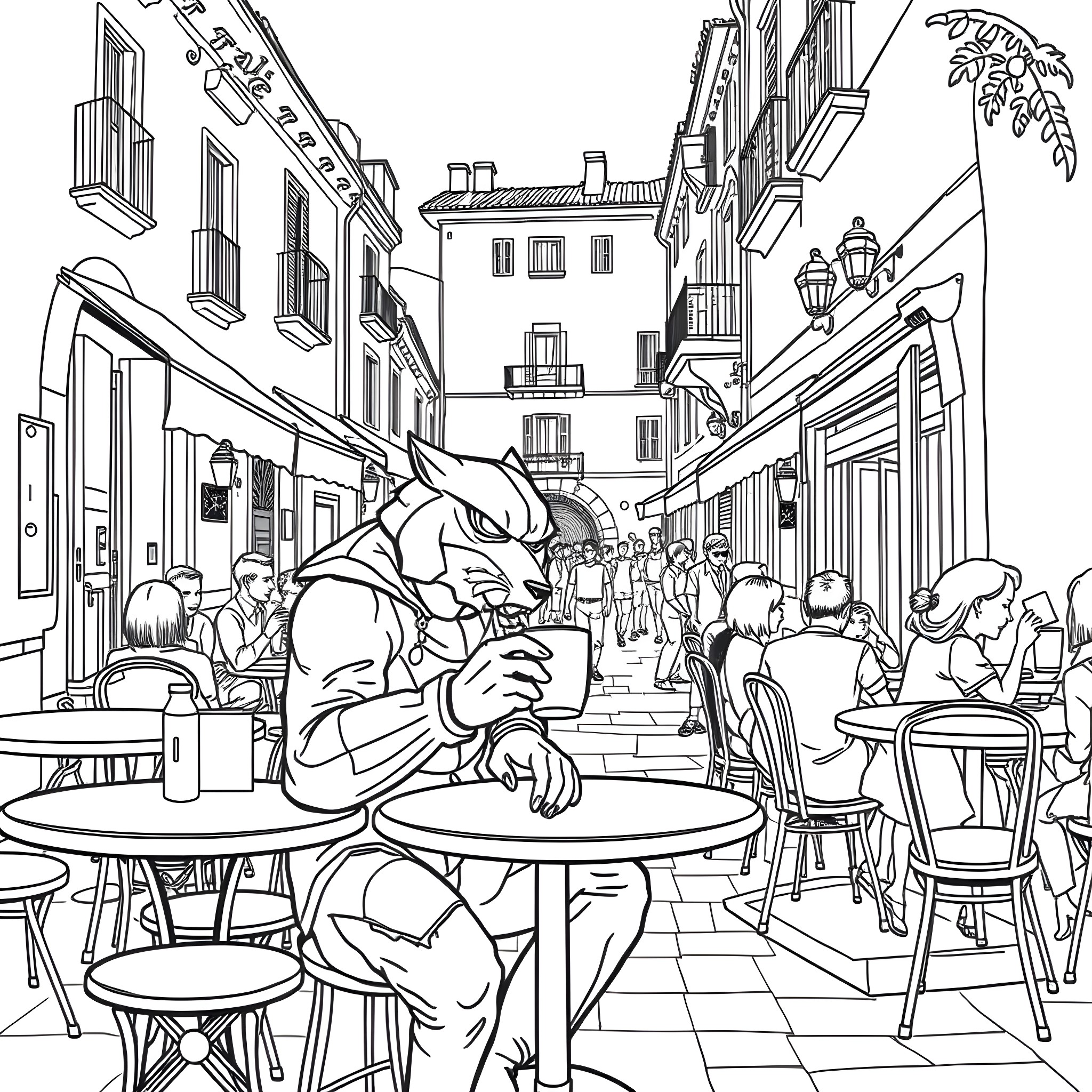 Predator enjoying a casual street cafe in the city Coloring Page (free black-and-white line drawing printable PDF for all, from beginners to advanced learners, including children, teens, adults, and seniors)