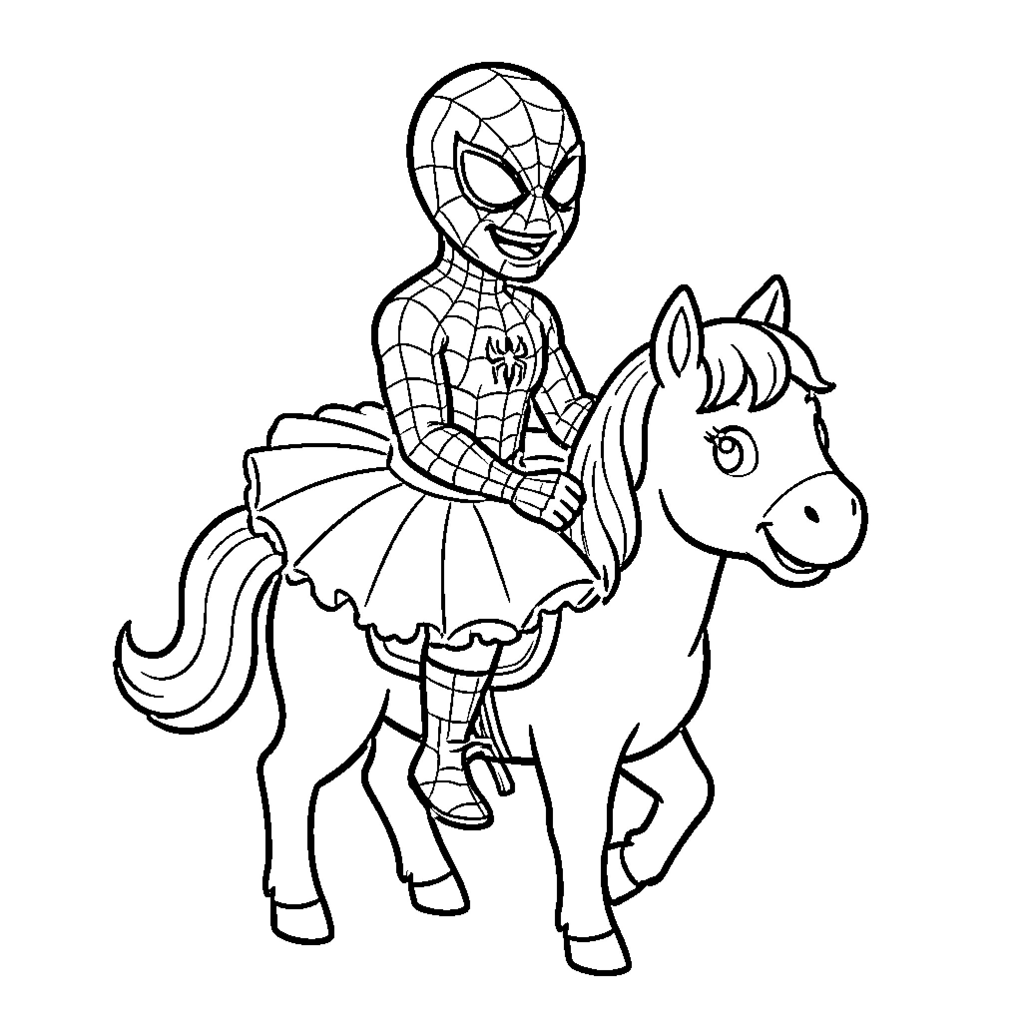Spiderman riding a pony in an illustration Coloring Page (free black-and-white line drawing printable PDF for all, from beginners to advanced learners, including children, teens, adults, and seniors)
