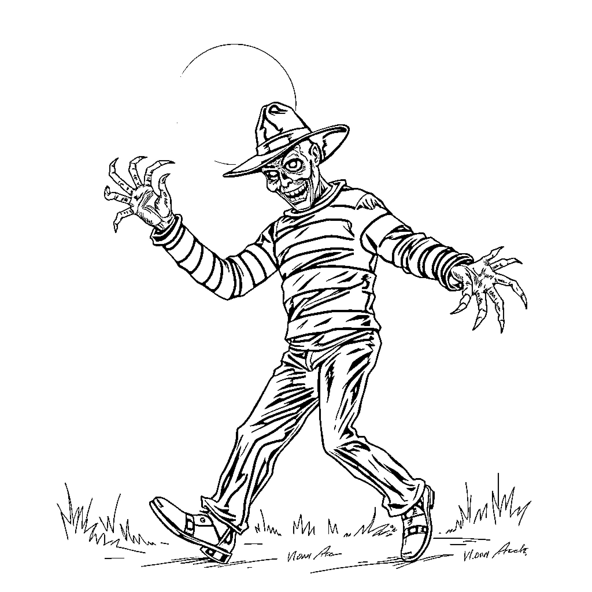 Freddy Kreuger's Menacing Appearance with Clawed Gloves Coloring Page (free black-and-white line drawing printable PDF for all, from beginners to advanced learners, including children, teens, adults, and seniors)