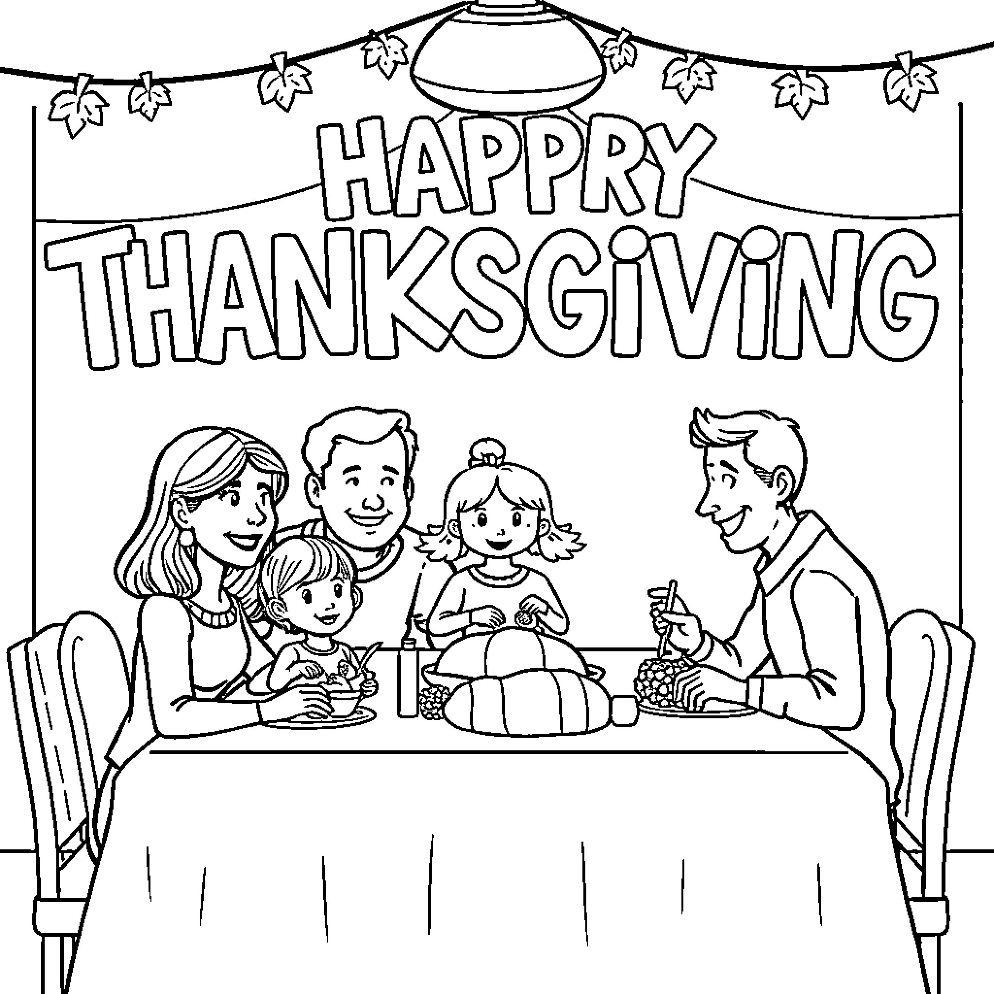 Family enjoying a festive Thanksgiving feast together Coloring Page (free black-and-white line drawing printable PDF for all, from beginners to advanced learners, including children, teens, adults, and seniors)