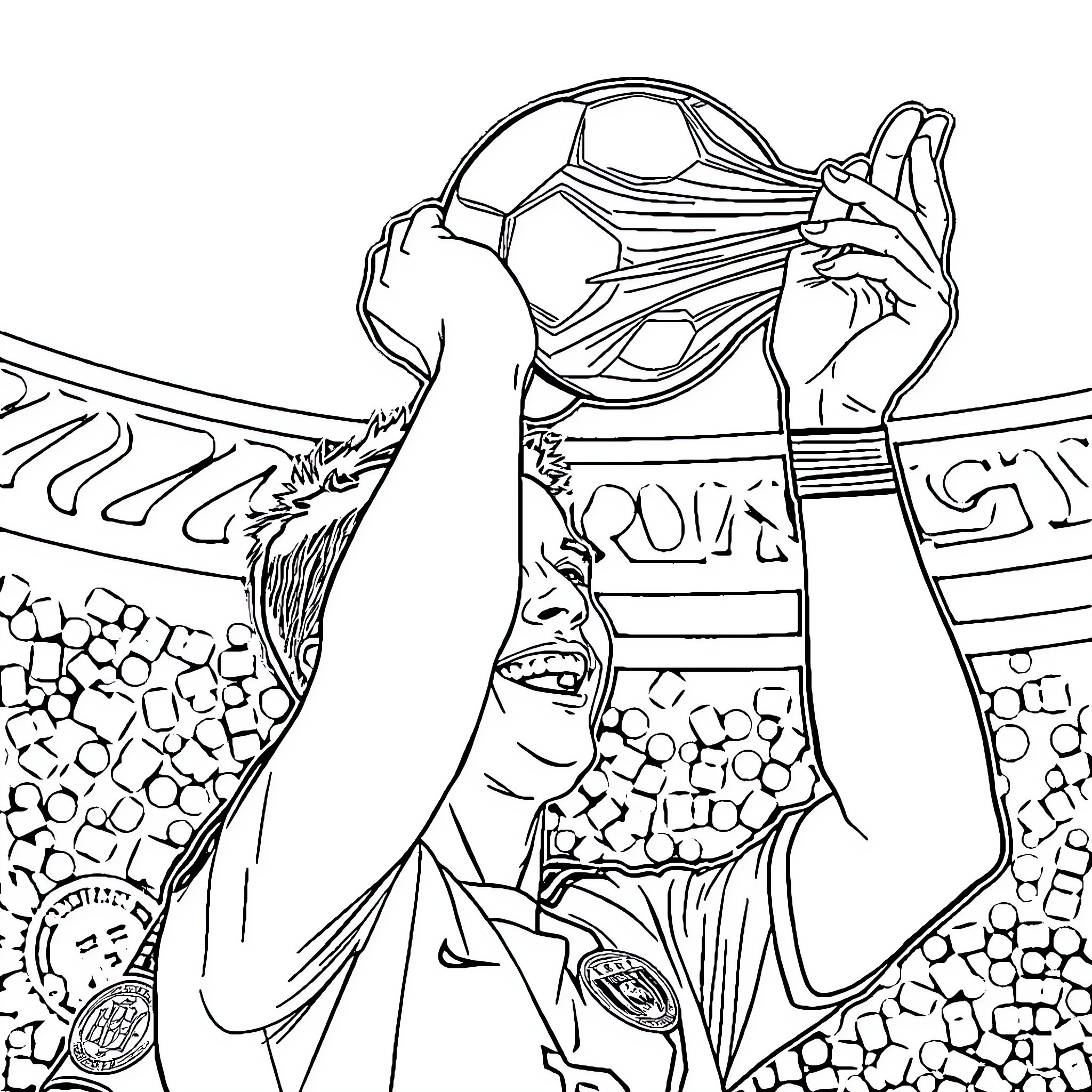 Ronaldo Celebrating Soccer Victory Coloring Page (free black-and-white line drawing printable PDF for all, from beginners to advanced learners, including children, teens, adults, and seniors)