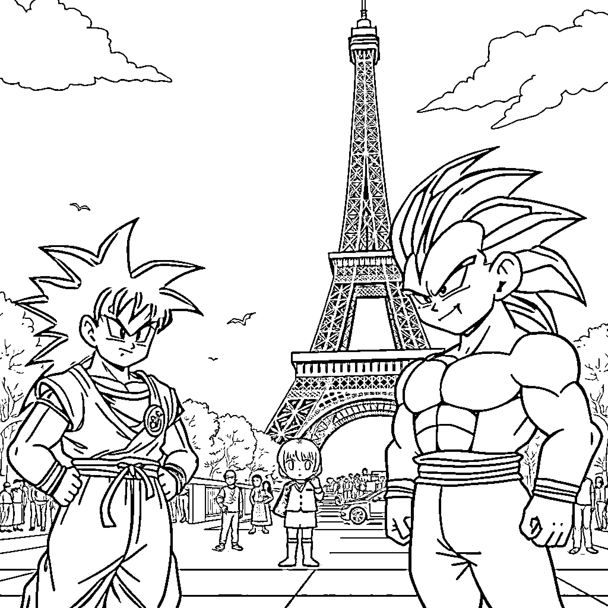 Dragon Ball characters exploring Paris landmark Coloring Page (free black-and-white line drawing printable PDF for all, from beginners to advanced learners, including children, teens, adults, and seniors)