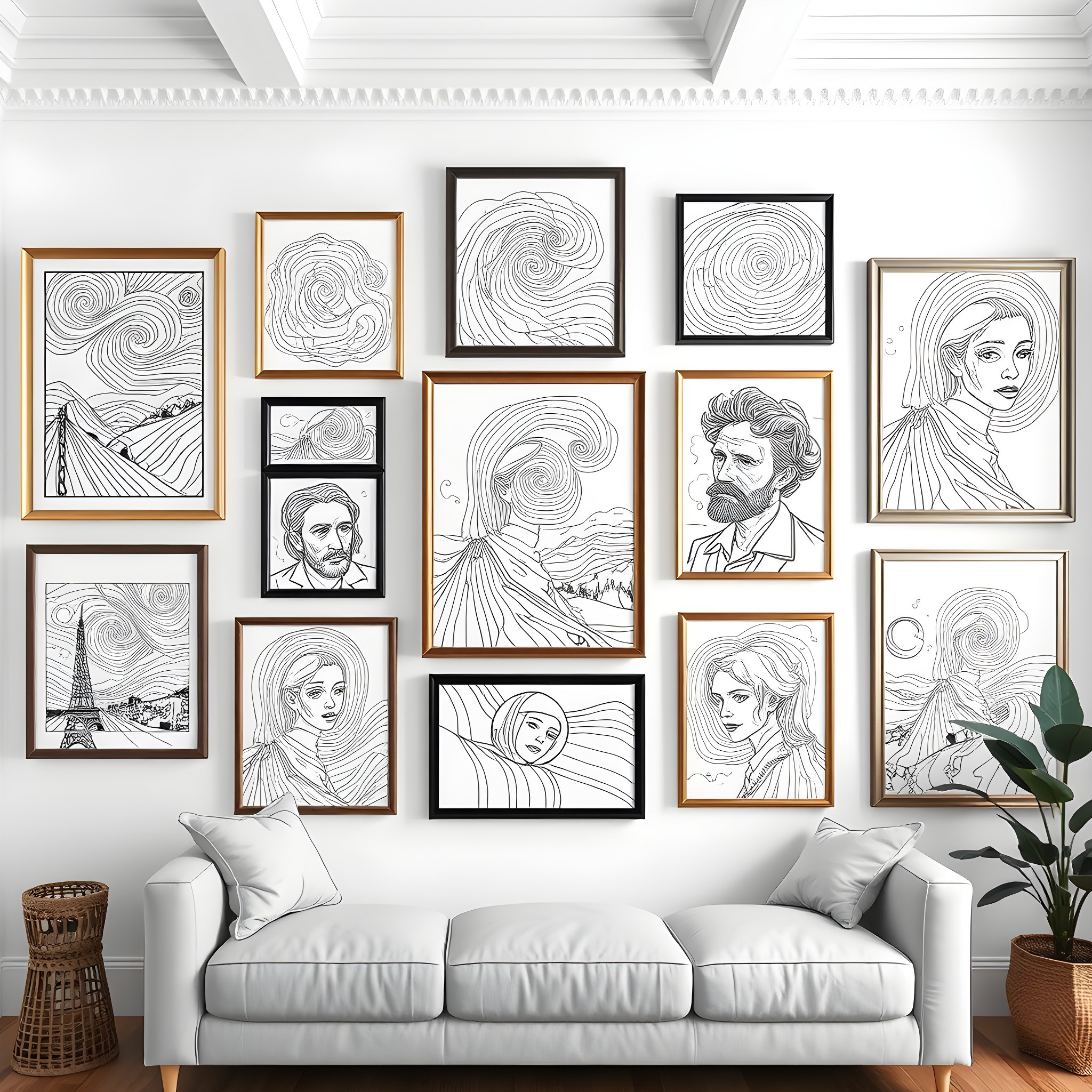 Artwork featuring abstract portraits and landscapes Coloring Page (free black-and-white line drawing printable PDF for all, from beginners to advanced learners, including children, teens, adults, and seniors)