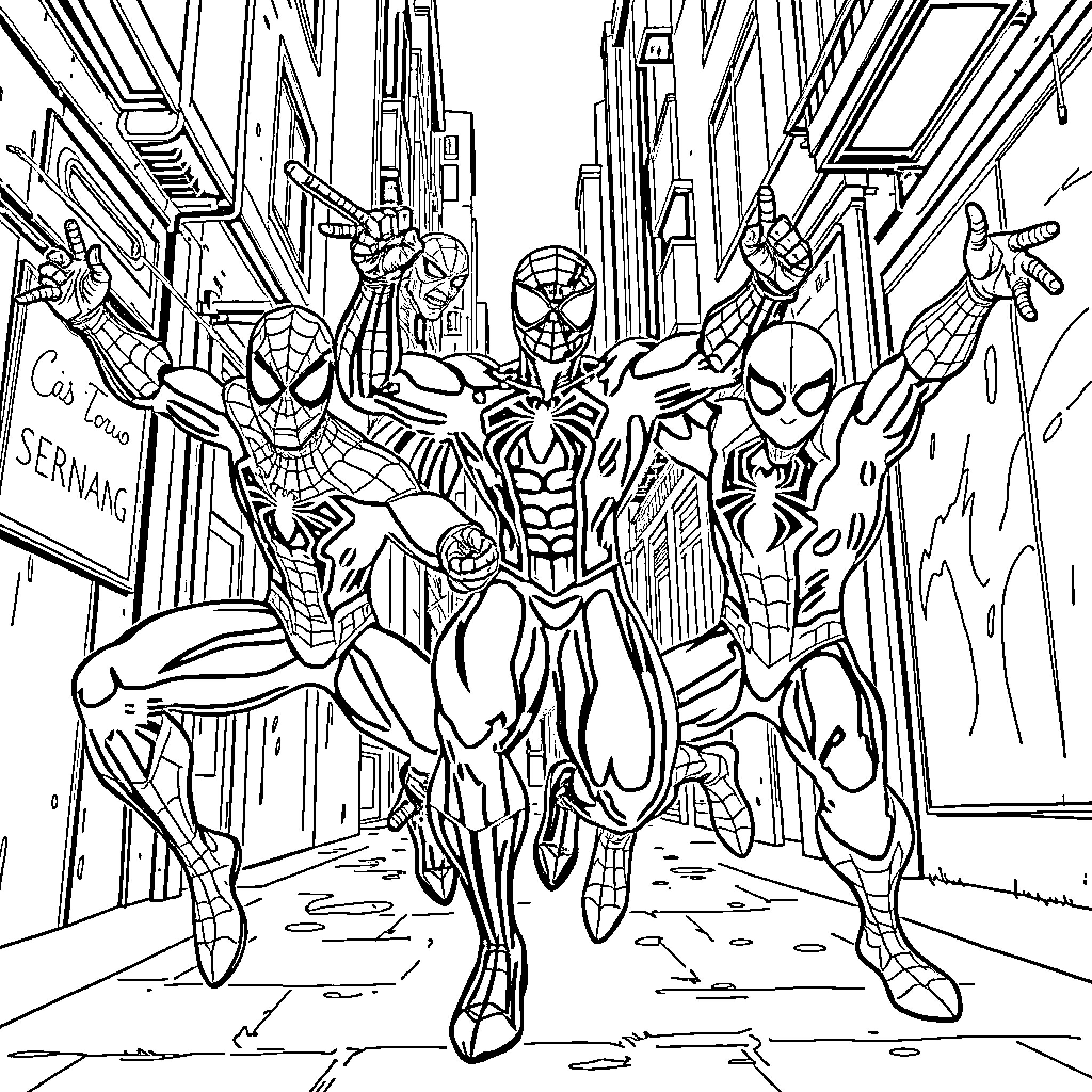 Spider-Man and Friends Swinging Through the City Coloring Page (free black-and-white line drawing printable PDF for all, from beginners to advanced learners, including children, teens, adults, and seniors)