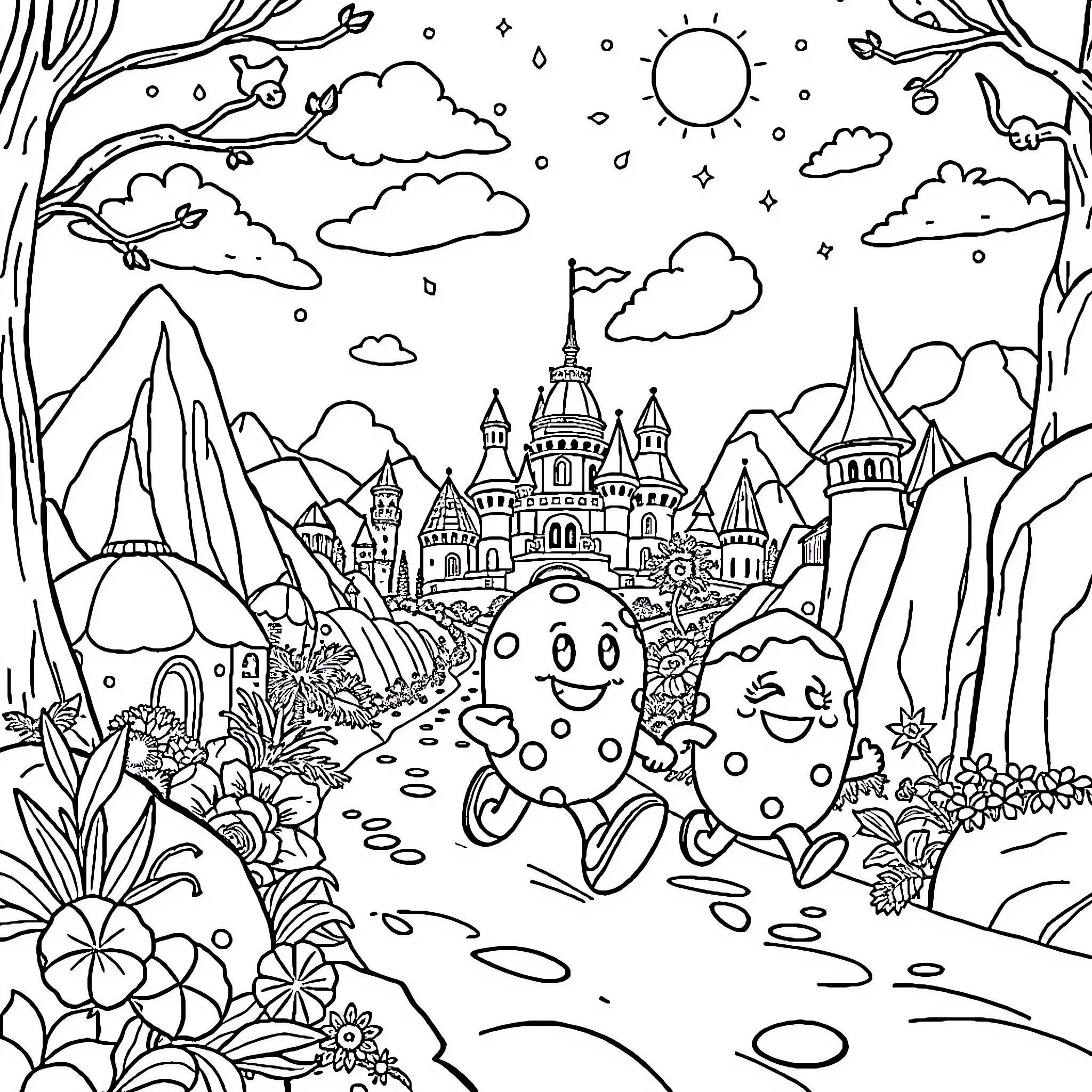 Cookie Run: Enchanting Landscape with Whimsical Characters Coloring Page (free black-and-white line drawing printable PDF for all, from beginners to advanced learners, including children, teens, adults, and seniors)