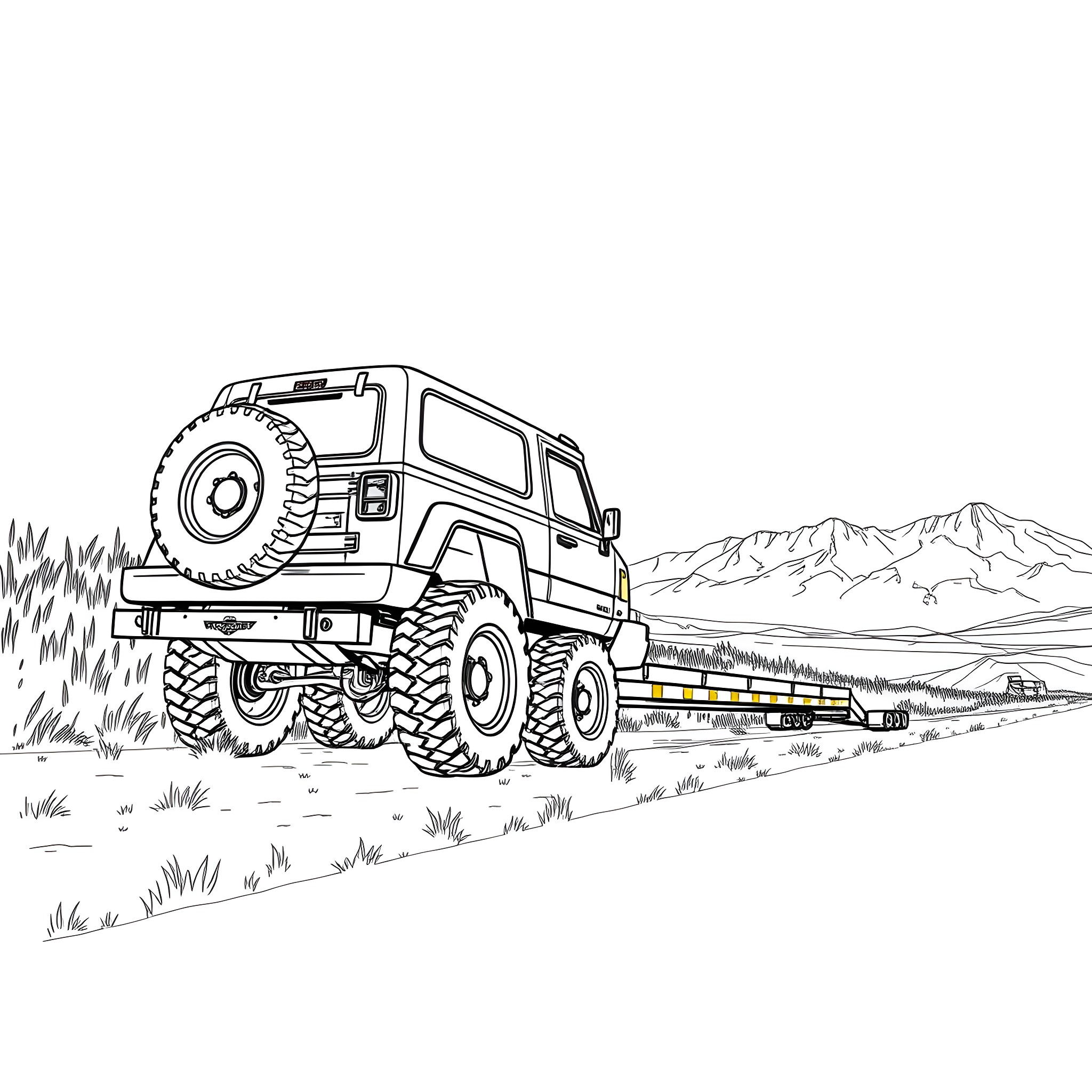 Car Trailer Hauling a Rugged Off-Road Vehicle Coloring Page (free black-and-white line drawing printable PDF for all, from beginners to advanced learners, including children, teens, adults, and seniors)