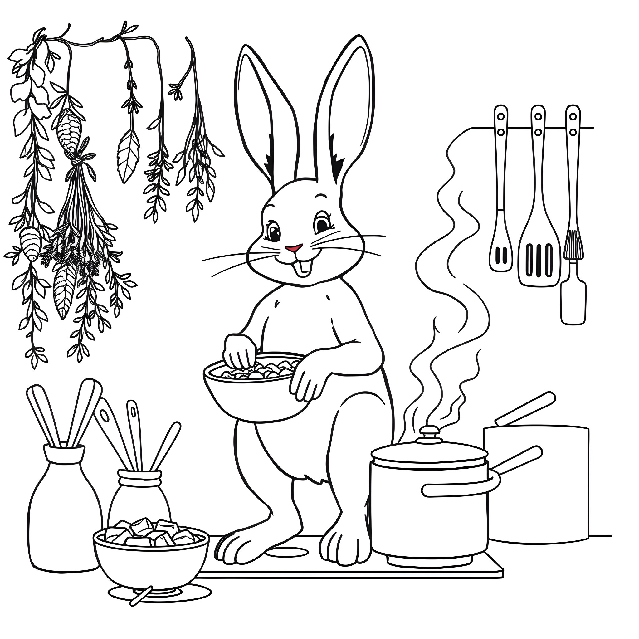 Bunny cooking a meal in the kitchen Coloring Page (free black-and-white line drawing printable PDF for all, from beginners to advanced learners, including children, teens, adults, and seniors)