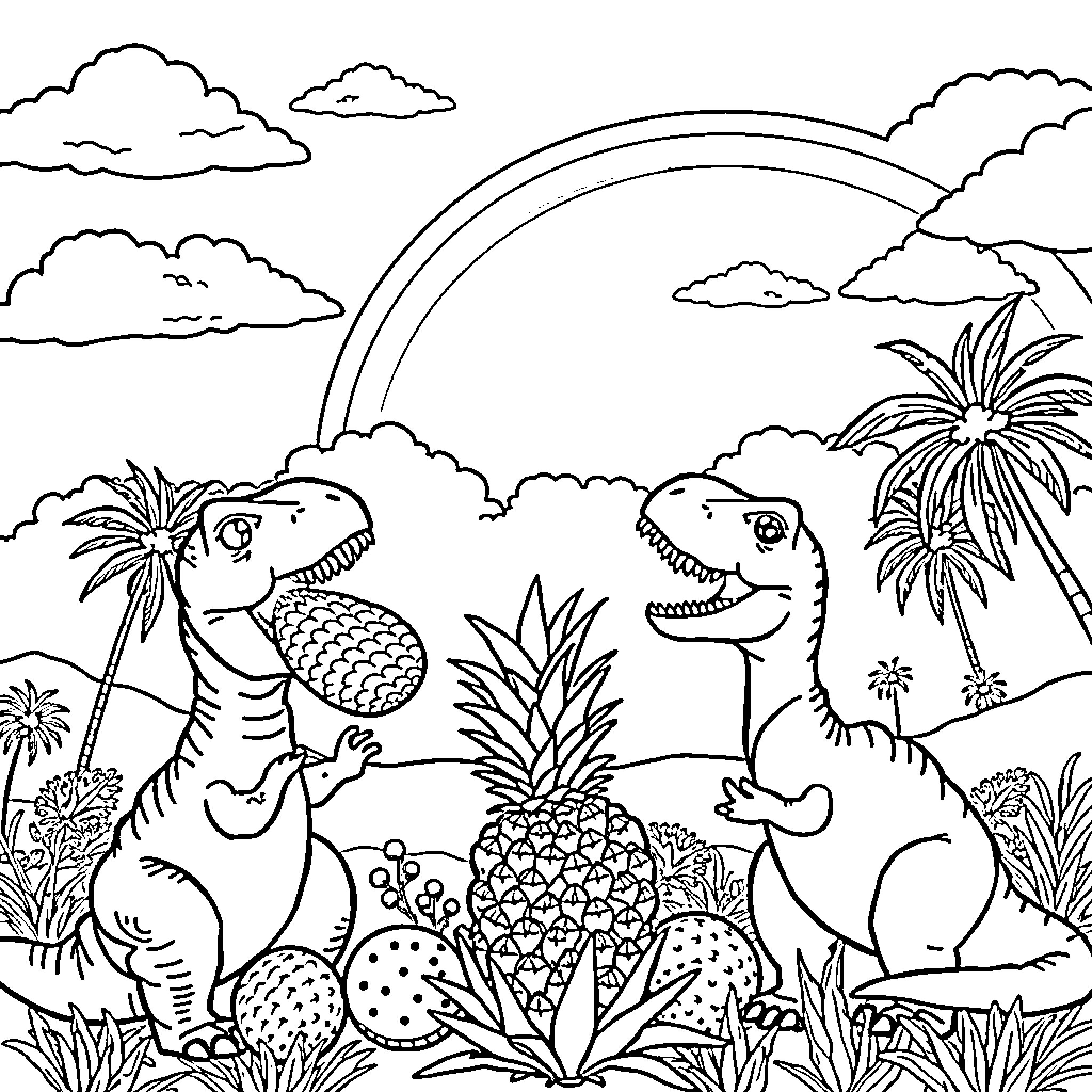 Dinosaur friends exploring tropical landscape Coloring Page (free black-and-white line drawing printable PDF for all, from beginners to advanced learners, including children, teens, adults, and seniors)