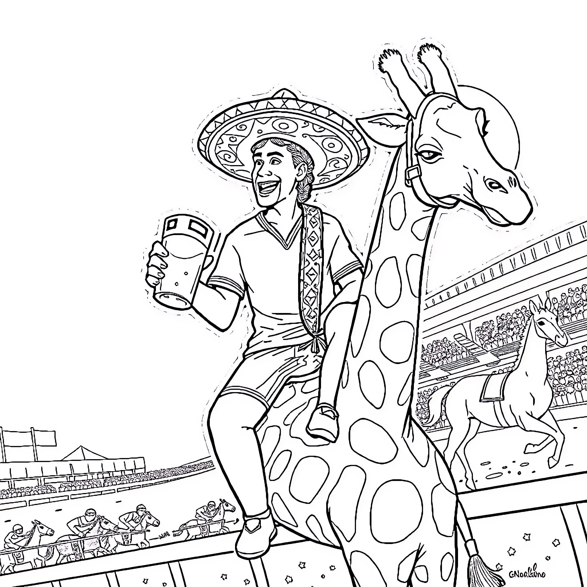 Ronaldinho's Playful Adventure with a Vibrant Giraffe Coloring Page (free black-and-white line drawing printable PDF for all, from beginners to advanced learners, including children, teens, adults, and seniors)