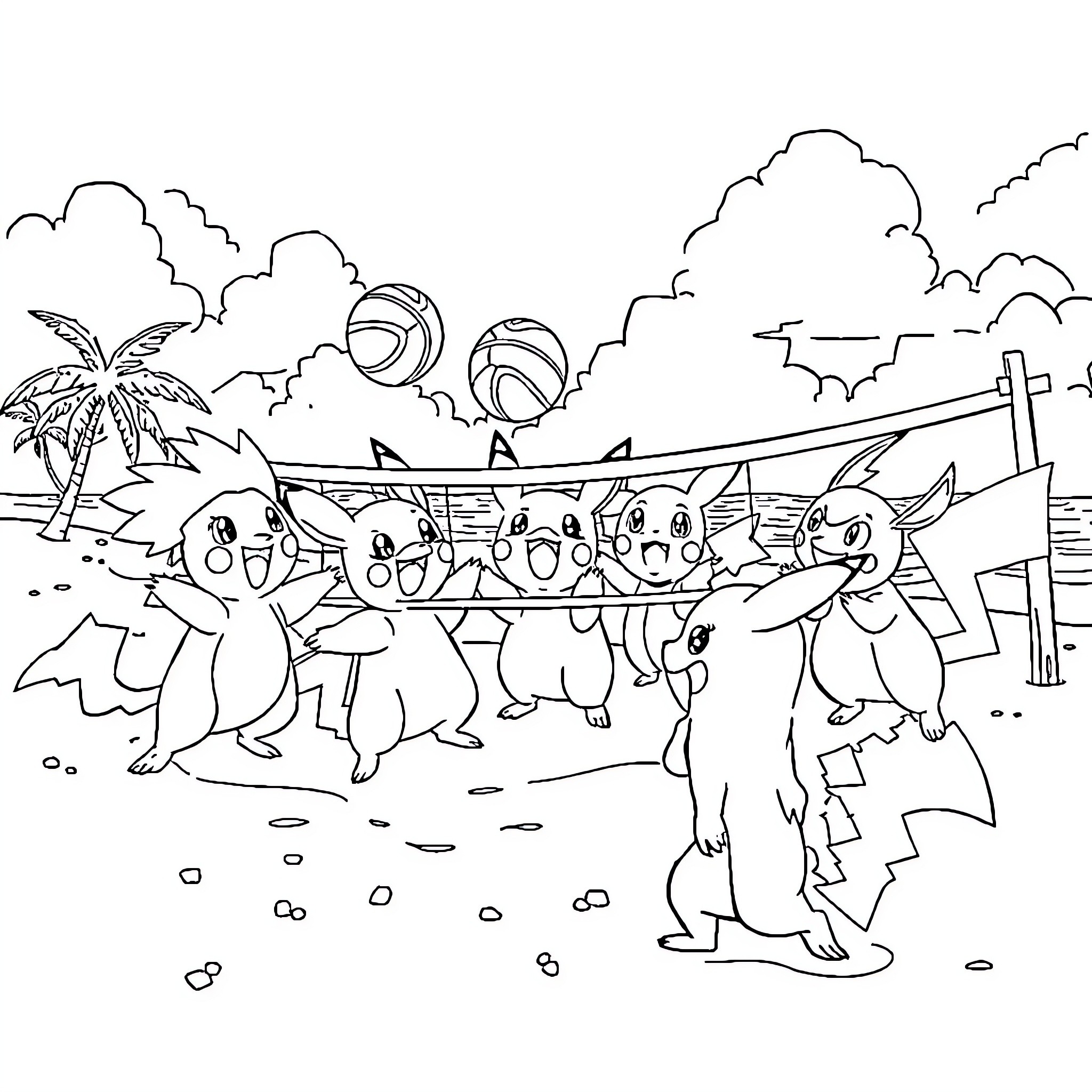 Pokémon characters having fun on the beach Coloring Page (free black-and-white line drawing printable PDF for all, from beginners to advanced learners, including children, teens, adults, and seniors)