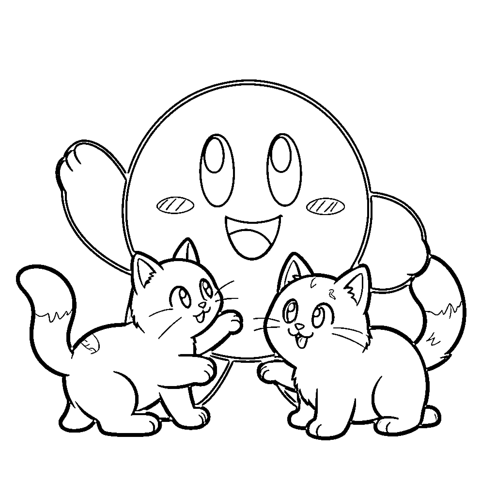 Kirby smiling joyfully with two small kittens Coloring Page (free black-and-white line drawing printable PDF for all, from beginners to advanced learners, including children, teens, adults, and seniors)